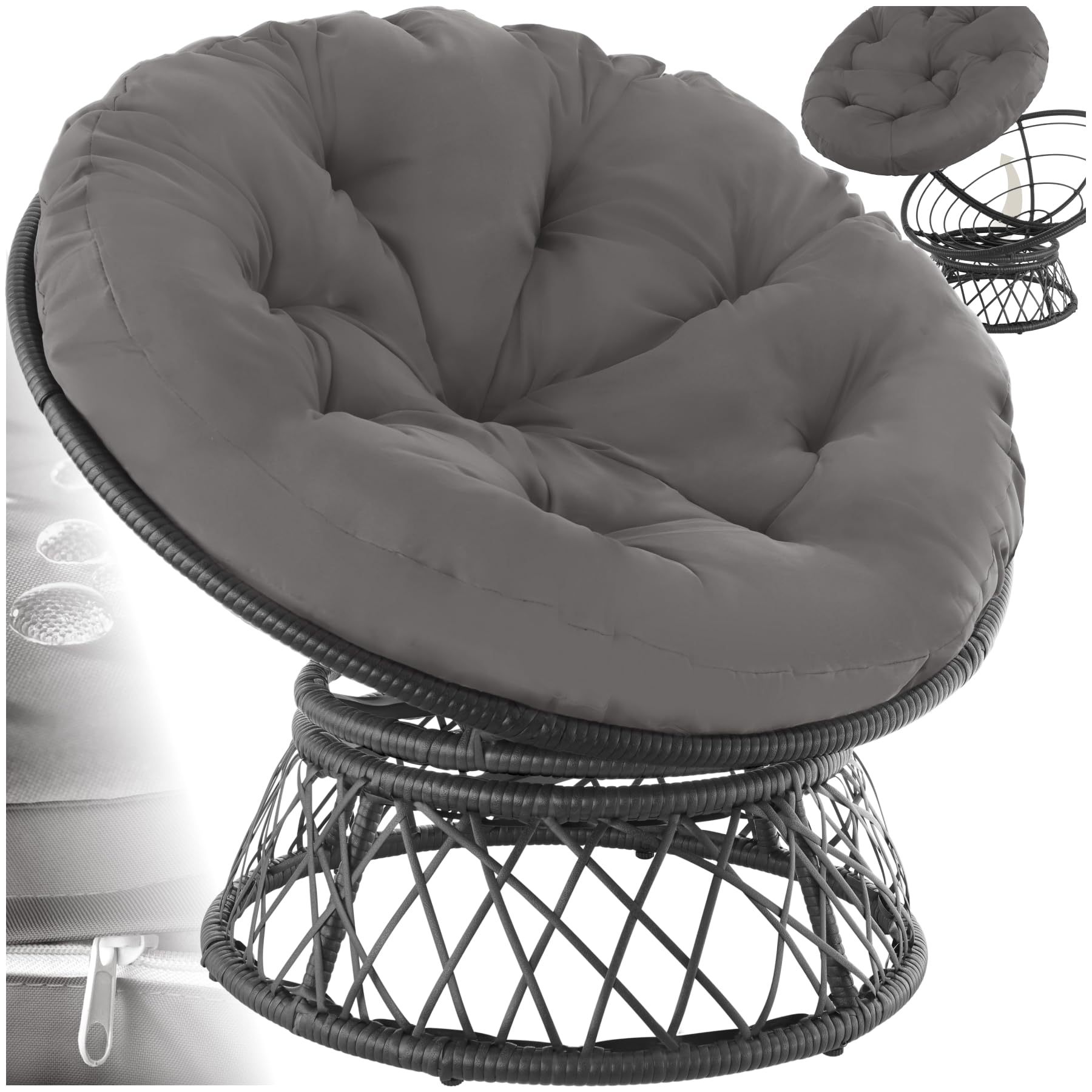 tectake® Rattan Garden Chair with 360° Swivel - Sun Lounger with Thick Cushion, made of Weather-Resistant Polyrattan and Powder-Coated Steel, Patio, Balcony or Conservatory Furniture - Black