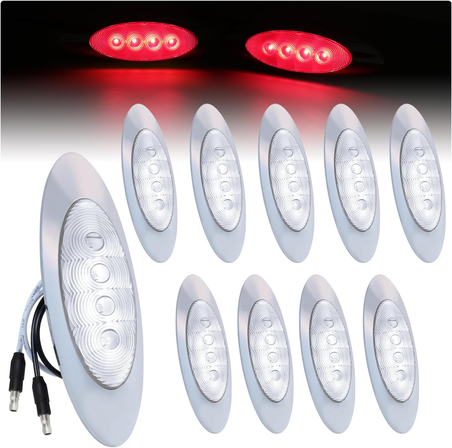 TMH 6-5/8 Oval Clear Lens Red 4LED Side Marker Clearance Lights with Connector Plug Turn Signal Compatible with Peter-bilt Ken-worth Freightli-ner, 12V DC (10 Pcs)