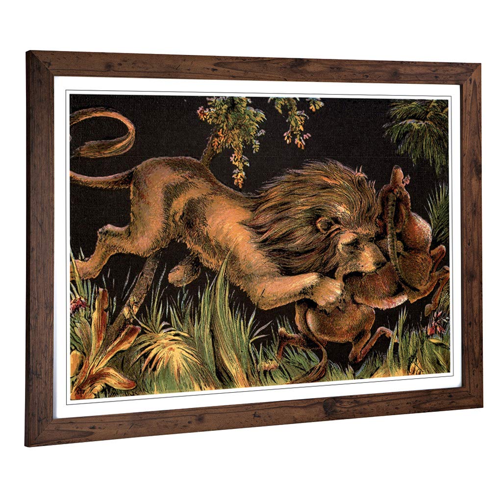 Big Box Art Framed Print of Vintage 1880 Lion & Prey Design | Wall Art Picture | Home Decor for Kitchen, Living Room, Bedroom, Hallway, Walnut, A2 / 24.5x18 Inch / 62x45cm