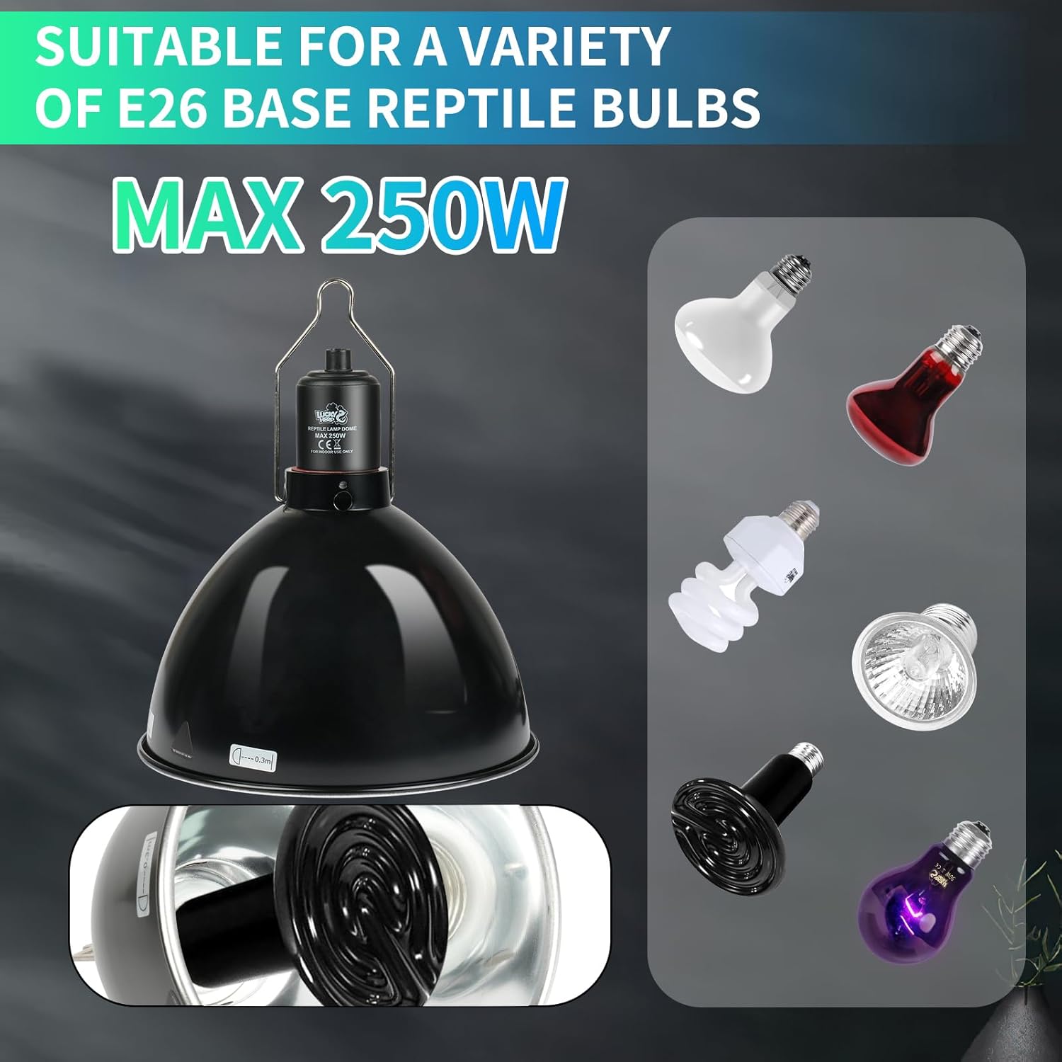 LUCKY HERP Reptile Light Fixture with Dimming Thermostat & Timer, Aluminum 8.5inch Dome Reptile Lamp Fixture, Heat Lamp Fixture for UVB Bulb Basking Heat Bulb