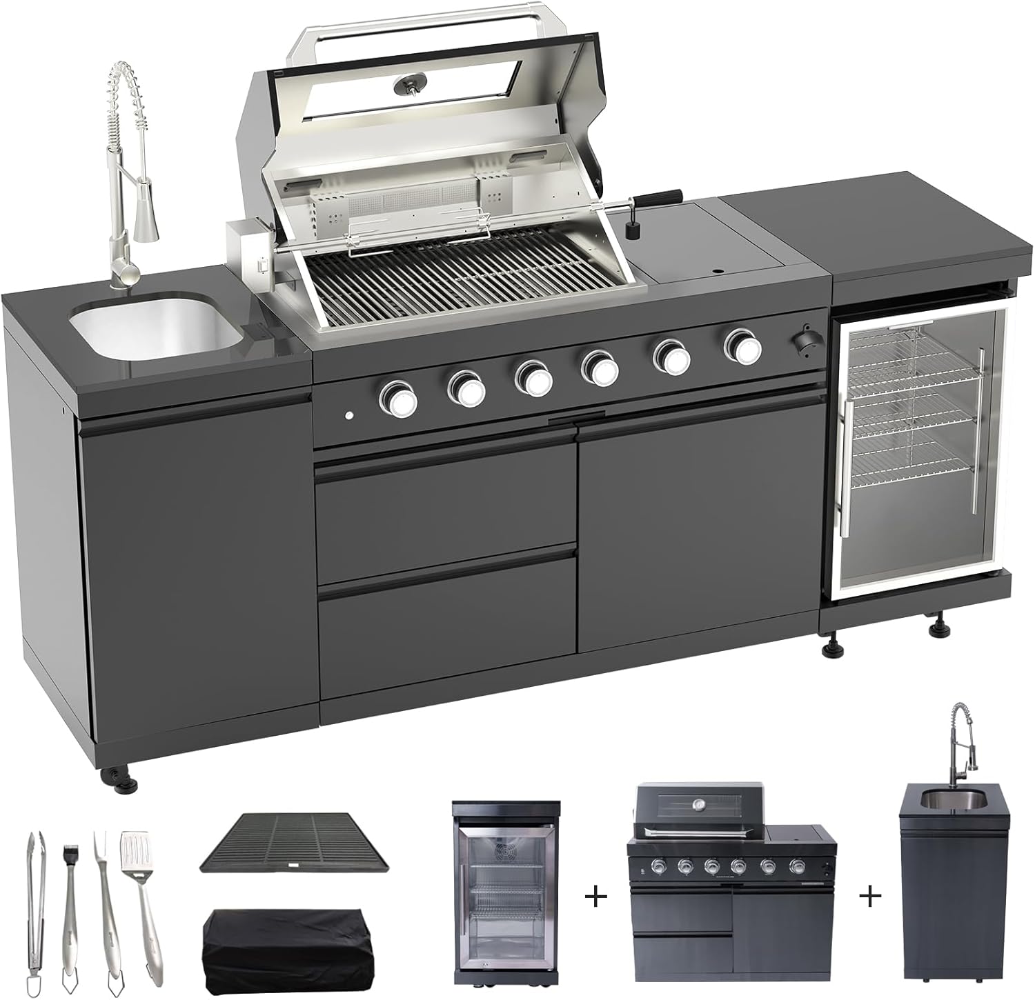 Outdoor Kitchen Island, 84.6 Inch 72000 BTU Gas Grill Combination With Refrigerator and Sink, Outdoor Stainless Steel Barbecue Bar, Natural Gas Barbecue Grill for Patios, Gardens, Parties