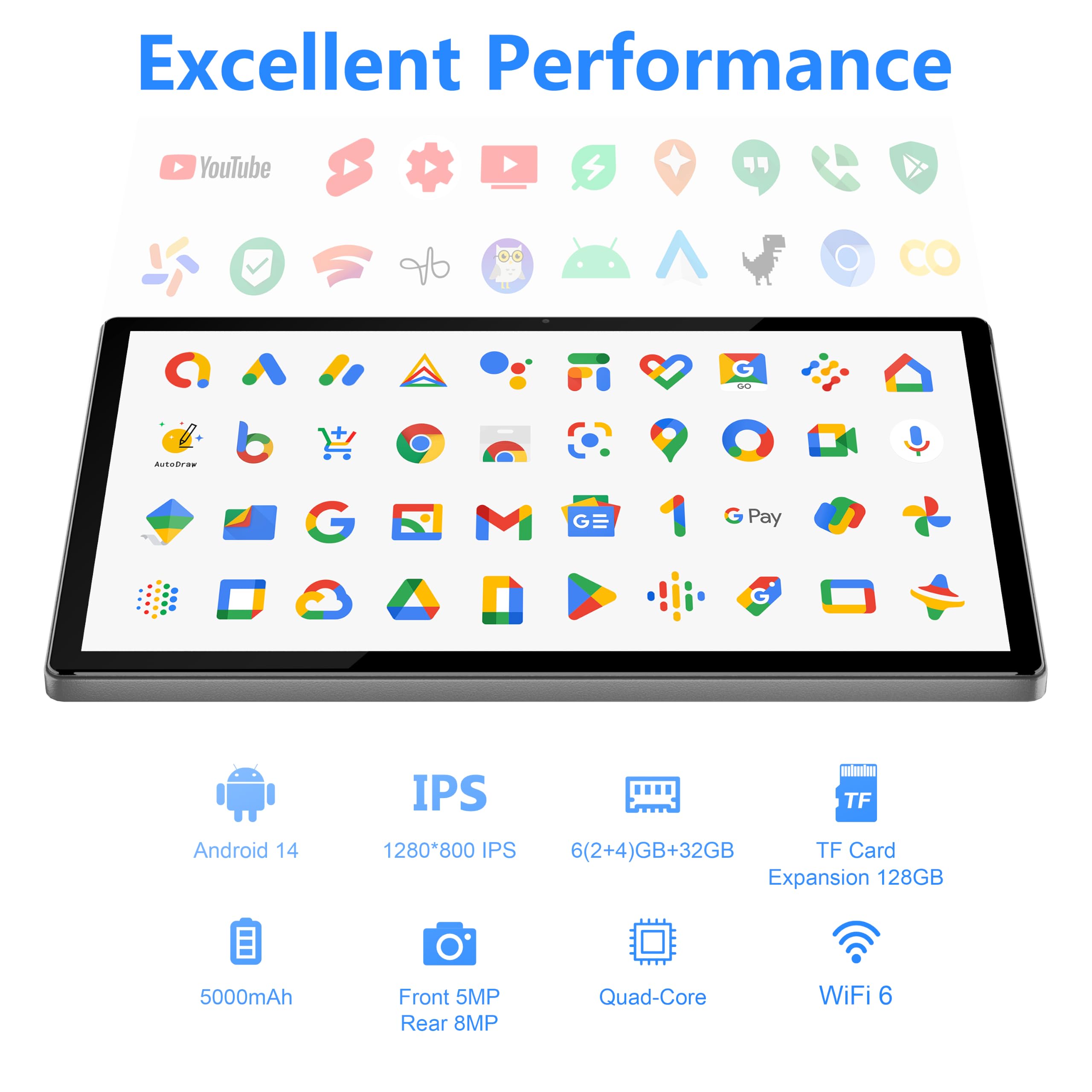 Android Tablet, 10-Zoll-Tablets mit Schutzhülle, Quad-Core-Prozessor, 5,0 MP Frontkamera + 8,0 MP Rückkamera, 5000 mAh Bluetooth IPS-Tablets, WLAN-Tablet
