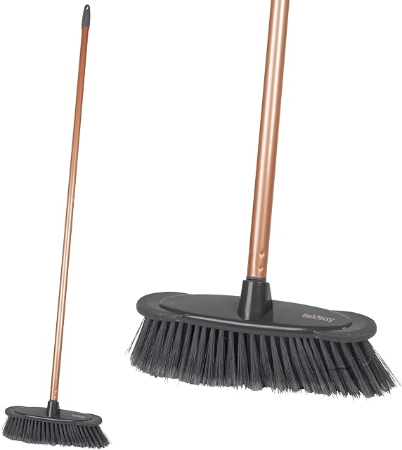 Beldray® LA085559EU7 Get The Look Rubber Edge Soft Bristle Broom, 120cm Length, Grey/Rose Gold, Super Soft Bristles, Rubber Bumper To Prevent Furniture Scratches, Suitable For All Hard Floors