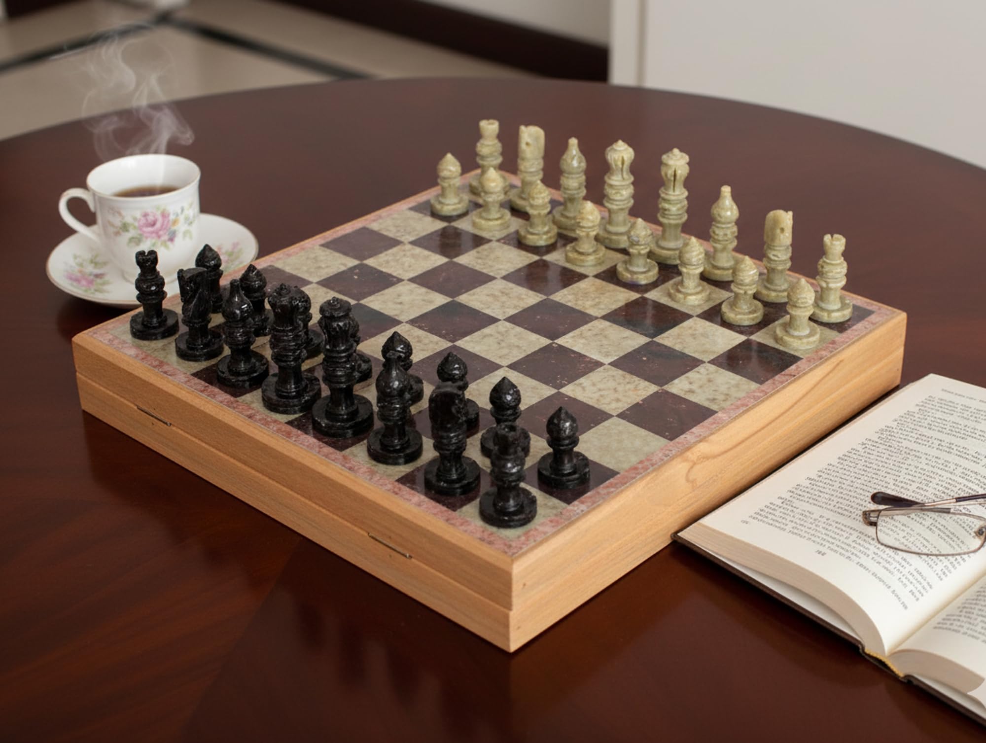 StonKraft Stein Holz Schach Schachbrett Schachbrettspiel Set aus Holz + Stein Schachfiguren (30 x 30 cm)