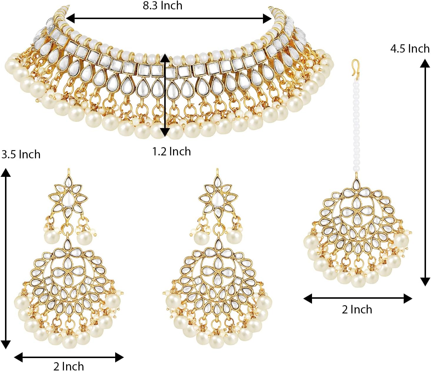 Aheli Faux Kundan Beaded Necklace Earrings Maang Tikka Indian Bollywood Ethnic Jewelry Set Gift for Women