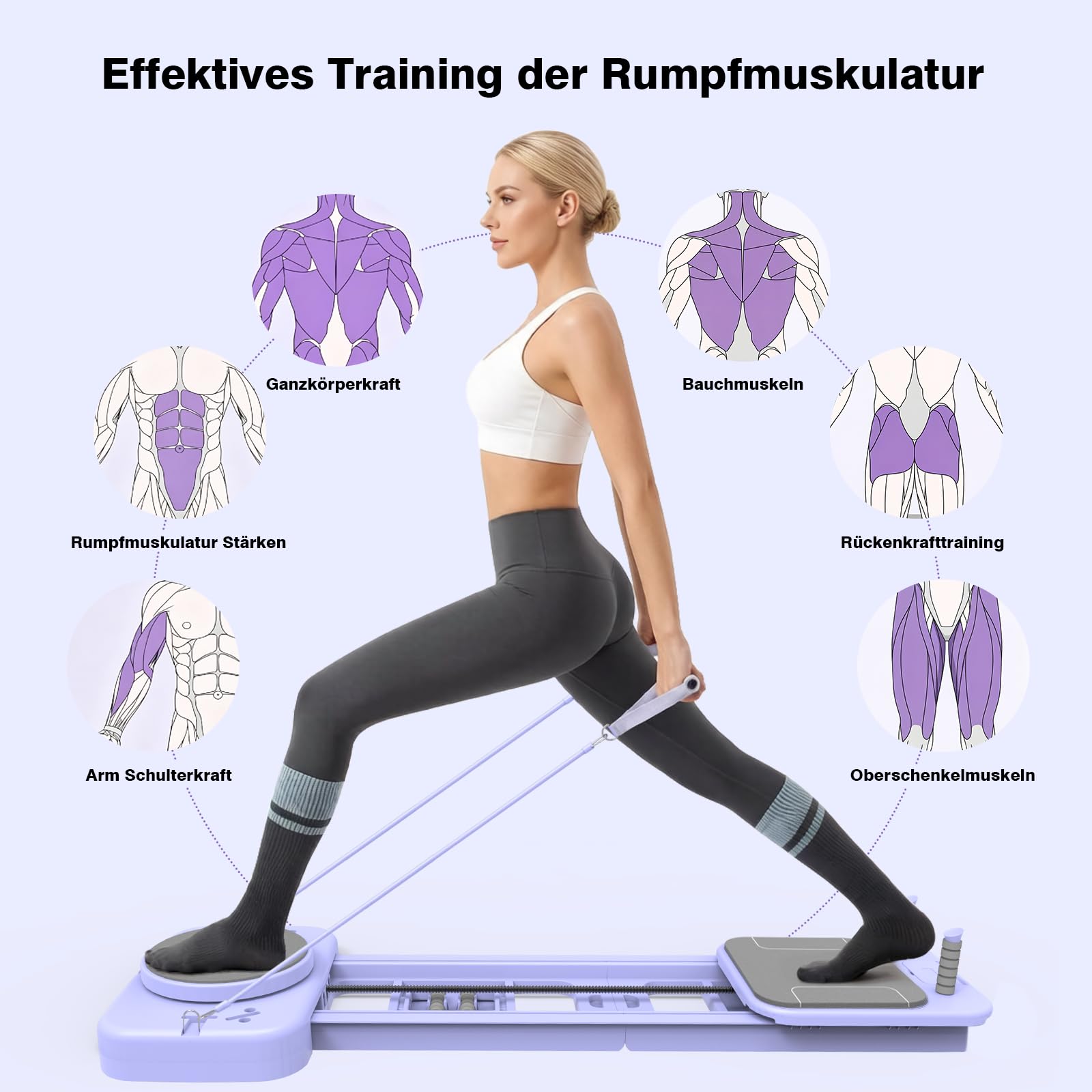 Pilates Reformer Pieghevole per Casa, Multifunzione Tavola da Pilates, Mini Kit Pilates con Rimbalzo Automatico, Corda Elastica, Sercizi Addominali&Allenamento Completo, Home Gym
