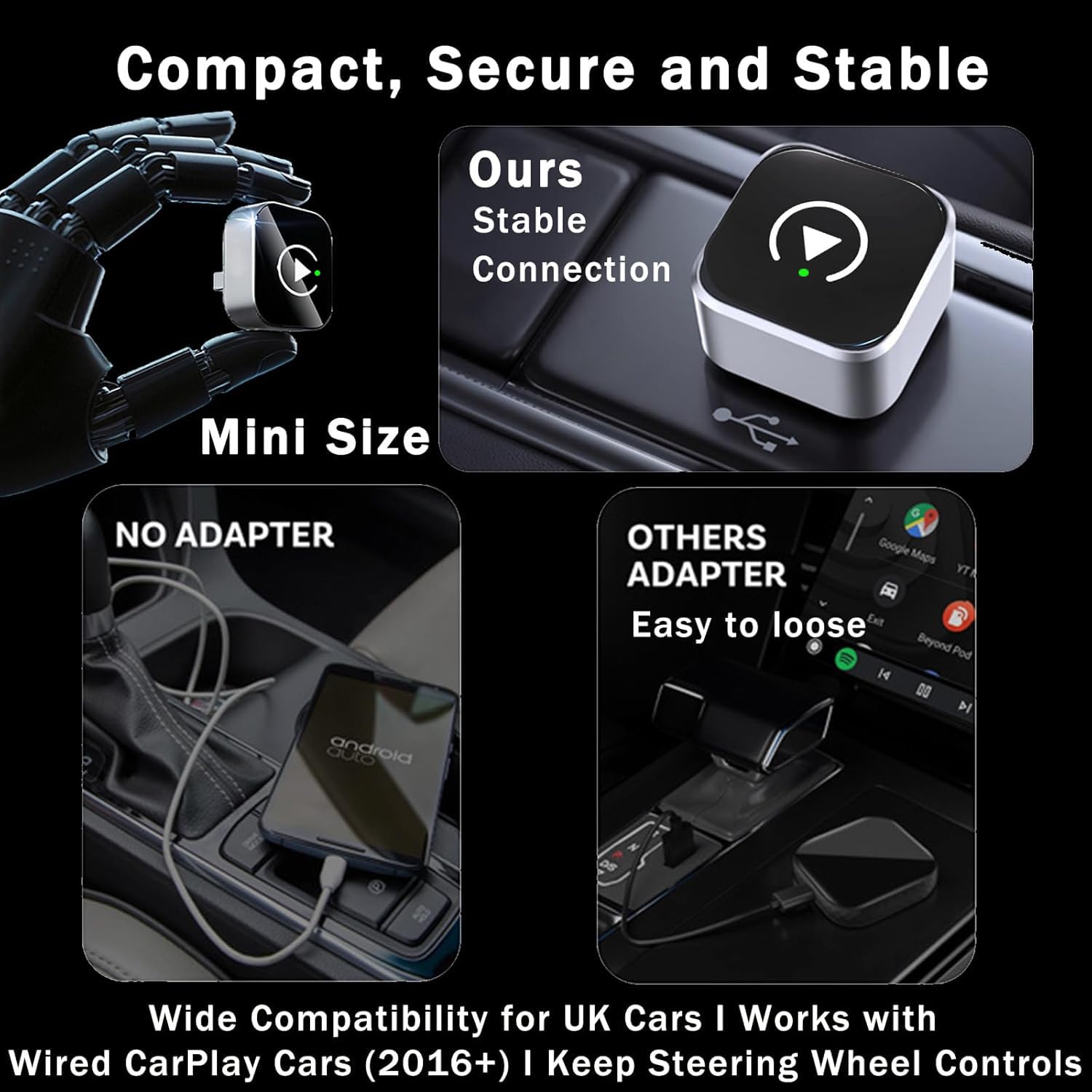 2 en 1 Adaptador CarPlay Inalámbrico, CarPlay Cableado a Inalámbrico, para Coches con CarPlay/Android Auto, para iPhone iOS 10+ & Android 11+, Compacto y Estable Bluetooth Car Play Wireless Adapter — view 6