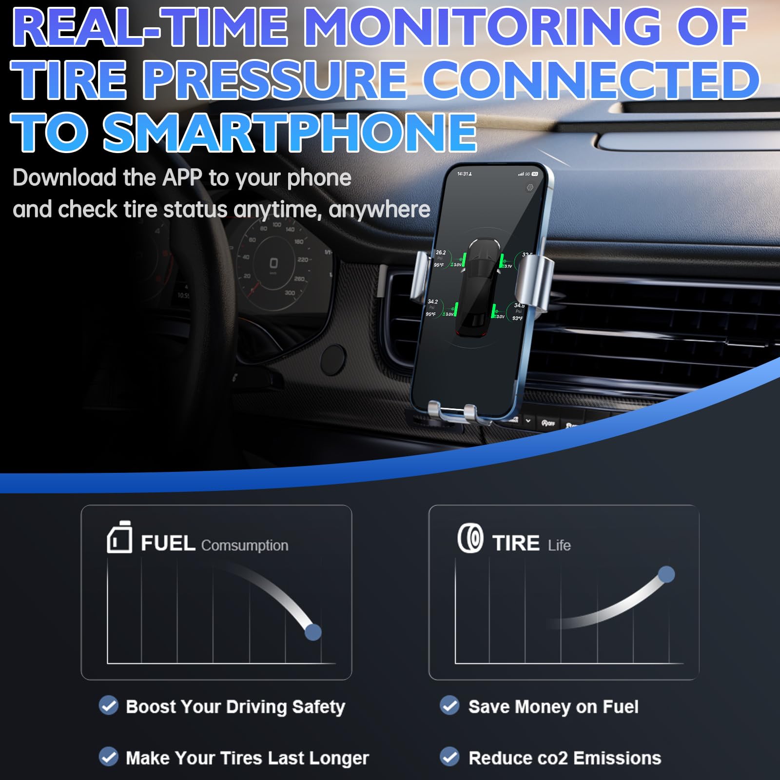 OBEST Sistema de Control de presión de neumáticos Bluetooth con 4 sensores externos, Sensor de presión de neumáticos Bluetooth Sensor de neumáticos App para automóviles y Motocicletas