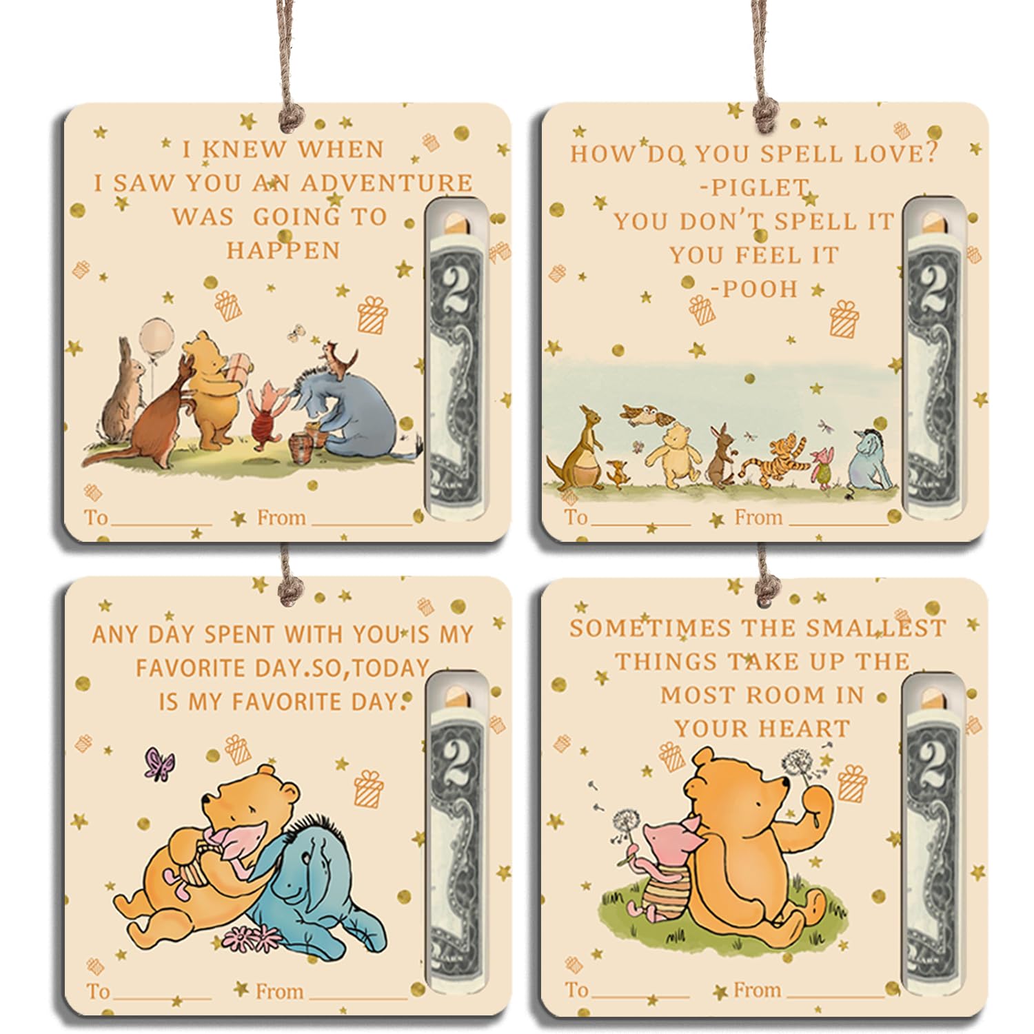 4PCS Winnie Gifts for Women, Pooh Money Holders for Cash Gifts, Winnie Baby Shower Decorations, Cute Bear Ornaments for Christmas Tree, Money Holders with Classic The Pooh Quote