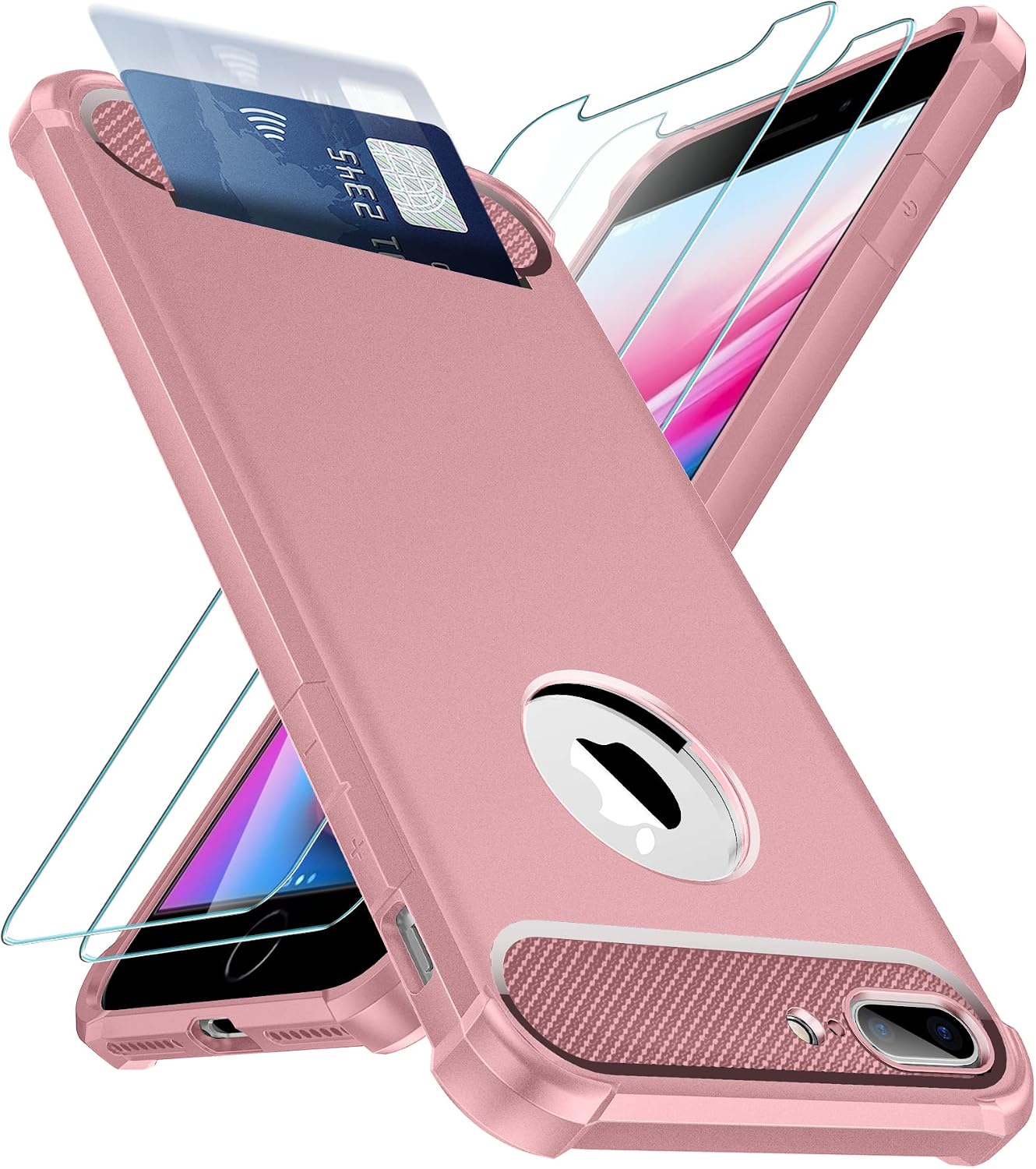 iPhone 8 Plus Cases,SUPBEC iPhone 7 Plus Wallet Case with Card Holder and Screen Protector [2 Pack],Soft-Touch Silicone Full Body Slim Shockproof Protective iPhone 8 Plus Phone Case,5.5'',Rose Gold