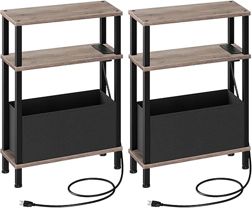 Miniatura 12 de Juego de 2 mesas auxiliares con estación de carga, mesa auxiliar estrecha para espacios pequeños, mesita de noche delgada con cesta, mesa de noche