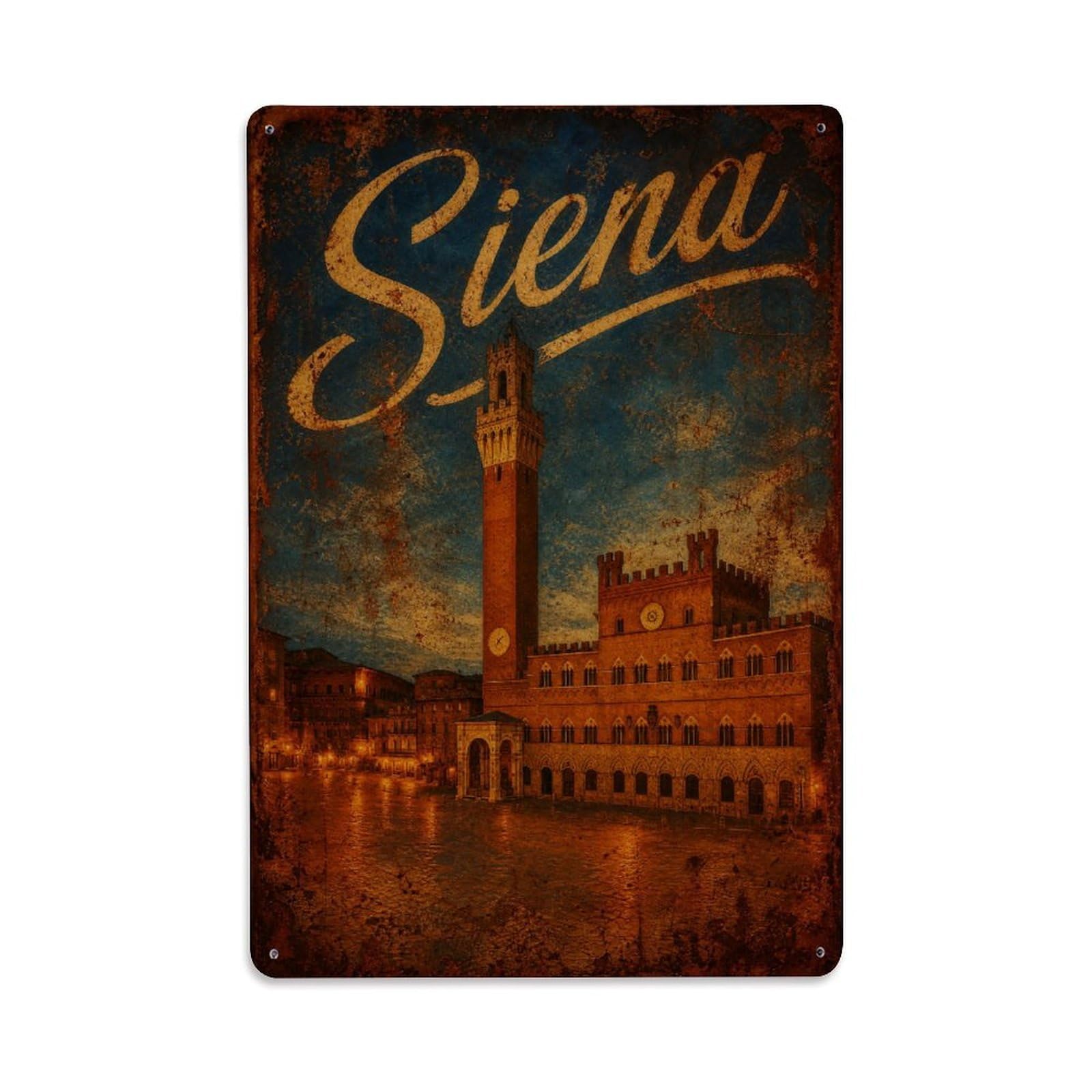 Huiyhb 8X12inch(20X30cm) Vintage Travel Siena Campo Square Evening Lights Italy Metal Tin Sign