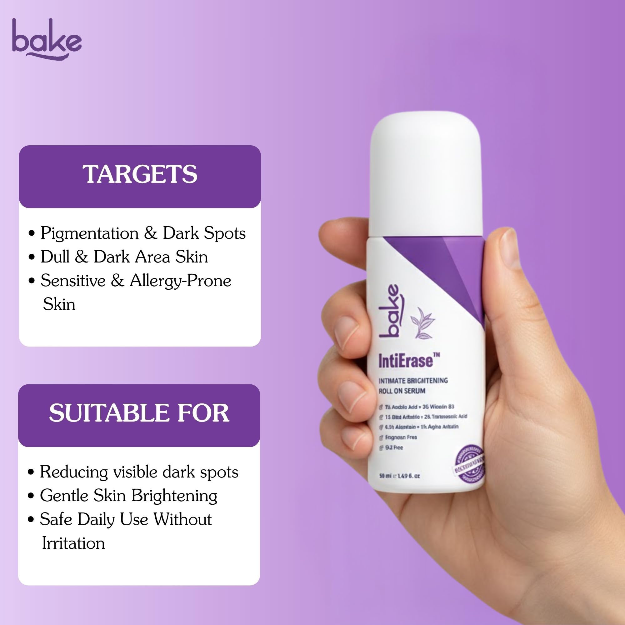BAKE IntiErase Brightening Roll On Serum | Advanced Intimate Area Serum with 5% Vitamin B3 & Alpha Arbutin| Dark Spot & Pigmentation Care | Fragrance-Free Intimate Skin Brightening | 50ml 3