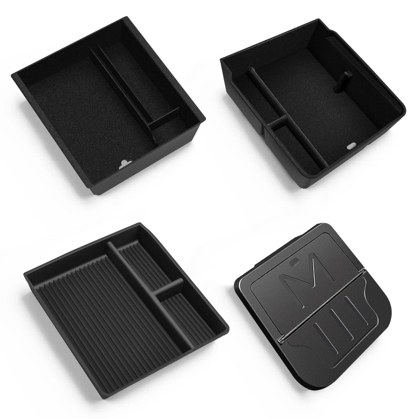 4 accesorios para Tesla Model 3 2024-2026 organizador de consola central, bandeja organizadora de silicona, caja de almacenamiento para reposabrazos y caja oculta (flocado)