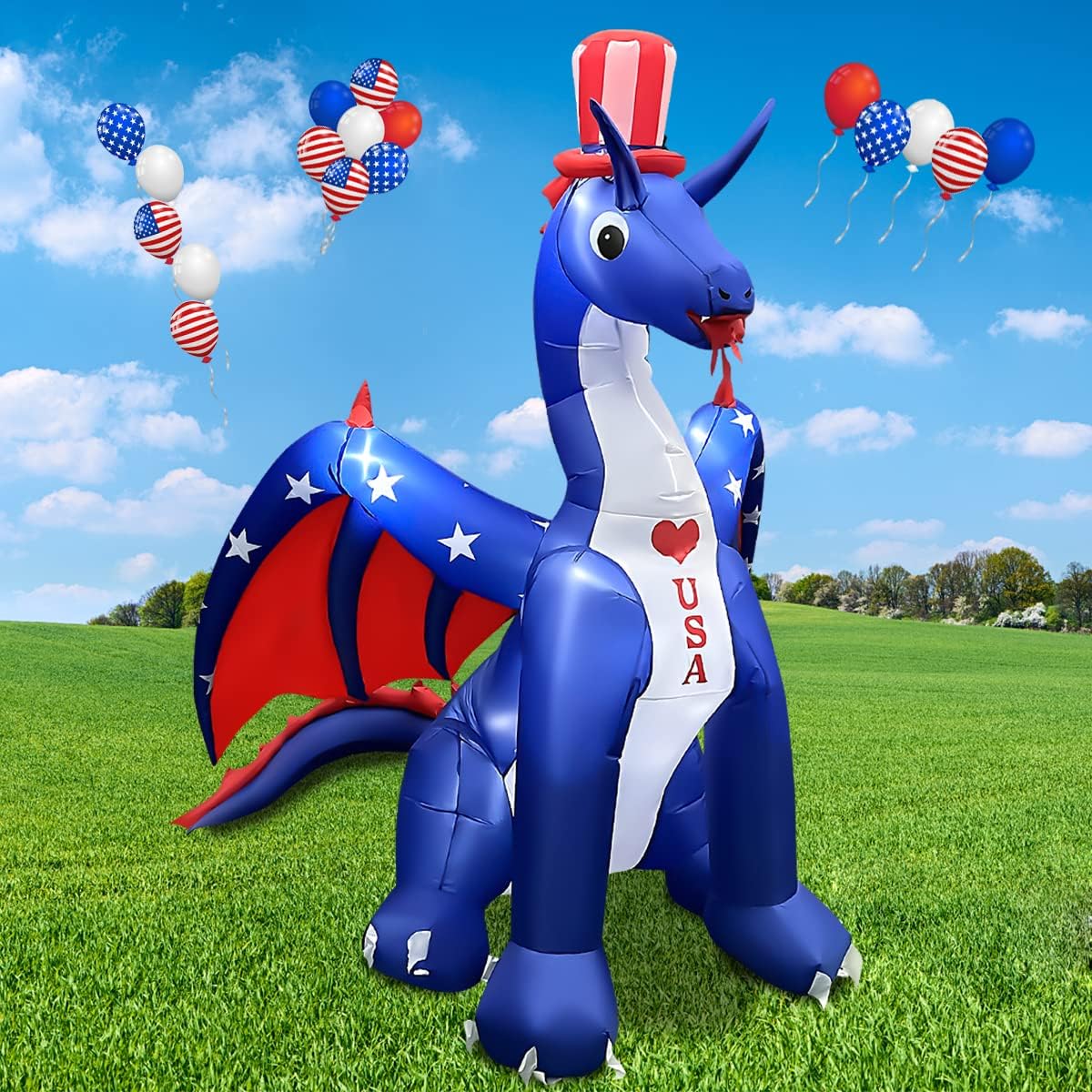 BLOWOUT FUN 8 FT Independence Day Inflatable Dragon with America Style Decorations Patriotic 4th of July for Home Yard Lawn Garden Indoor Outdoor Memorial Day Decor