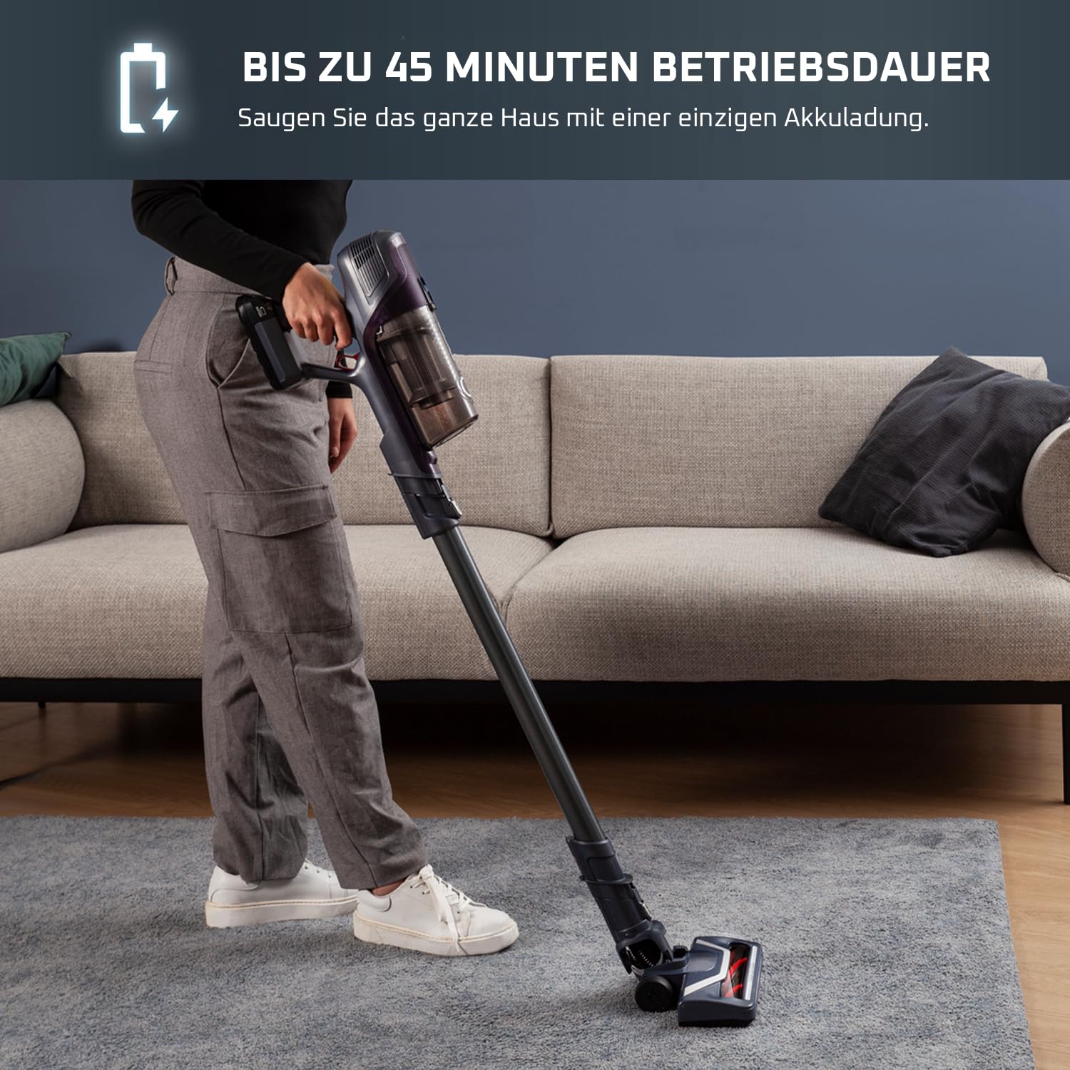 Rowenta X-Pert 6.60 Essential Akkustaubsauger, 100 W Leistung, 45 Min Laufzeit, kabellos & beutellos, LED-Bürstenkopf, herausnehmbarer Akku, inkl. Fugendüse und Wandhalterung, violett/schwarz, RH6838