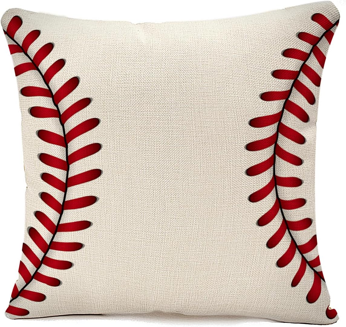 Baseball Throw Pillow Cover 18x18,Red Stitching Seam Pattern Ball Sport Decorative Cushion Cover,Linen Blend Square Pillowcase for Sofa Couch Bed