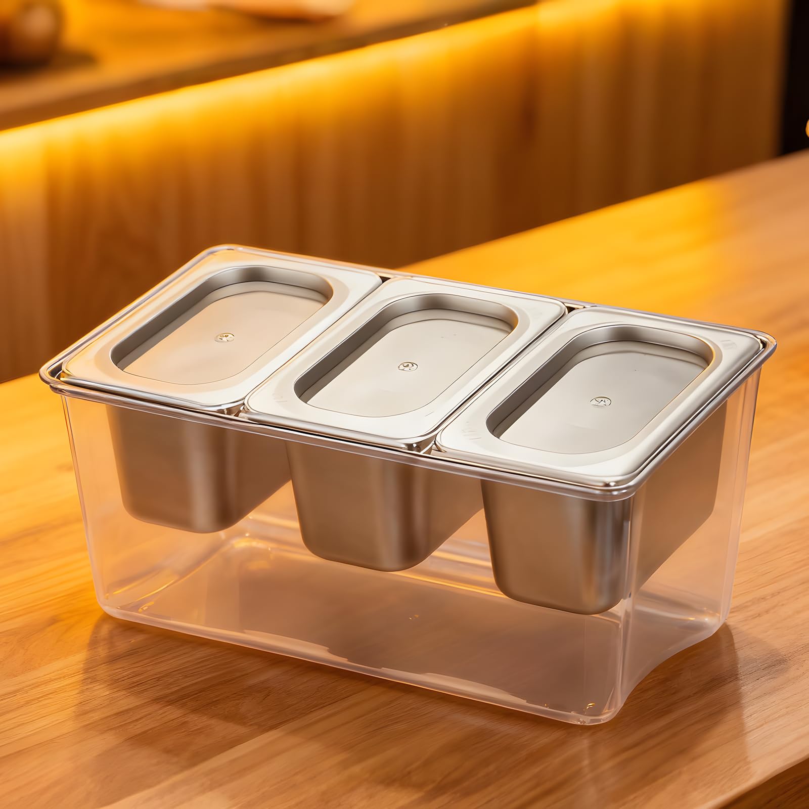 Kühlbehälter für Gewürze, 3 Fächer, Edelstahl, mit Deckel, PC-Außenhülle, zur Aufbewahrung in Restaurants, für Catering und Milchteeläden