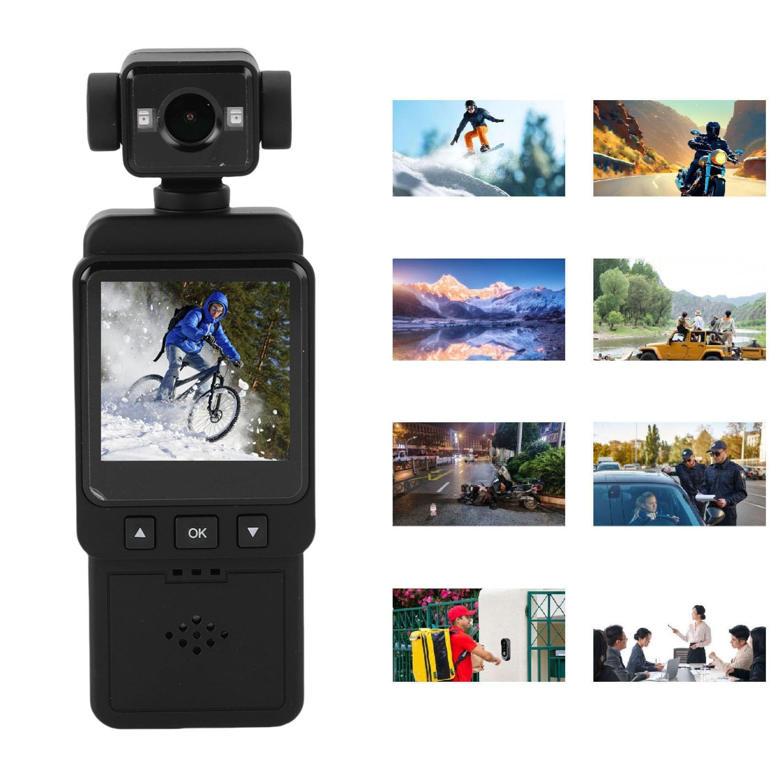 Caméra d'action Portable 1080P, Caméra Sport avec Stabilisation 6 Axes, Écran 1.54", Objectif Rotatif 360°, Caméra Vélo Étanche IP65 WiFi pour Moto Voyage