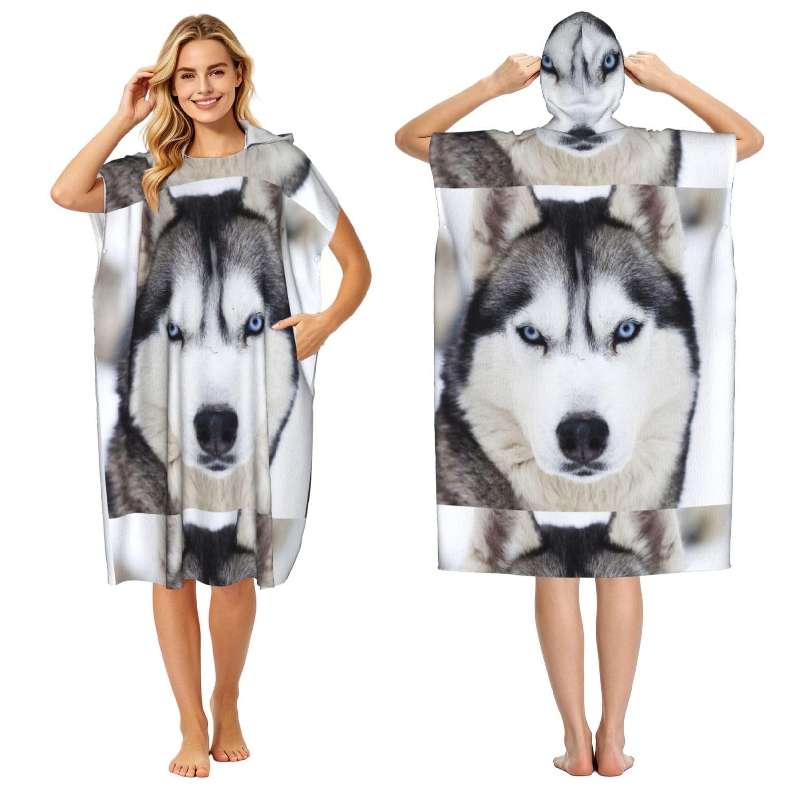 Poadnly Cute Husky, Adult Hooded Beach Towel 90 x 110 cm,Changing Bath Robe, Surf Poncho Towel For Women Men