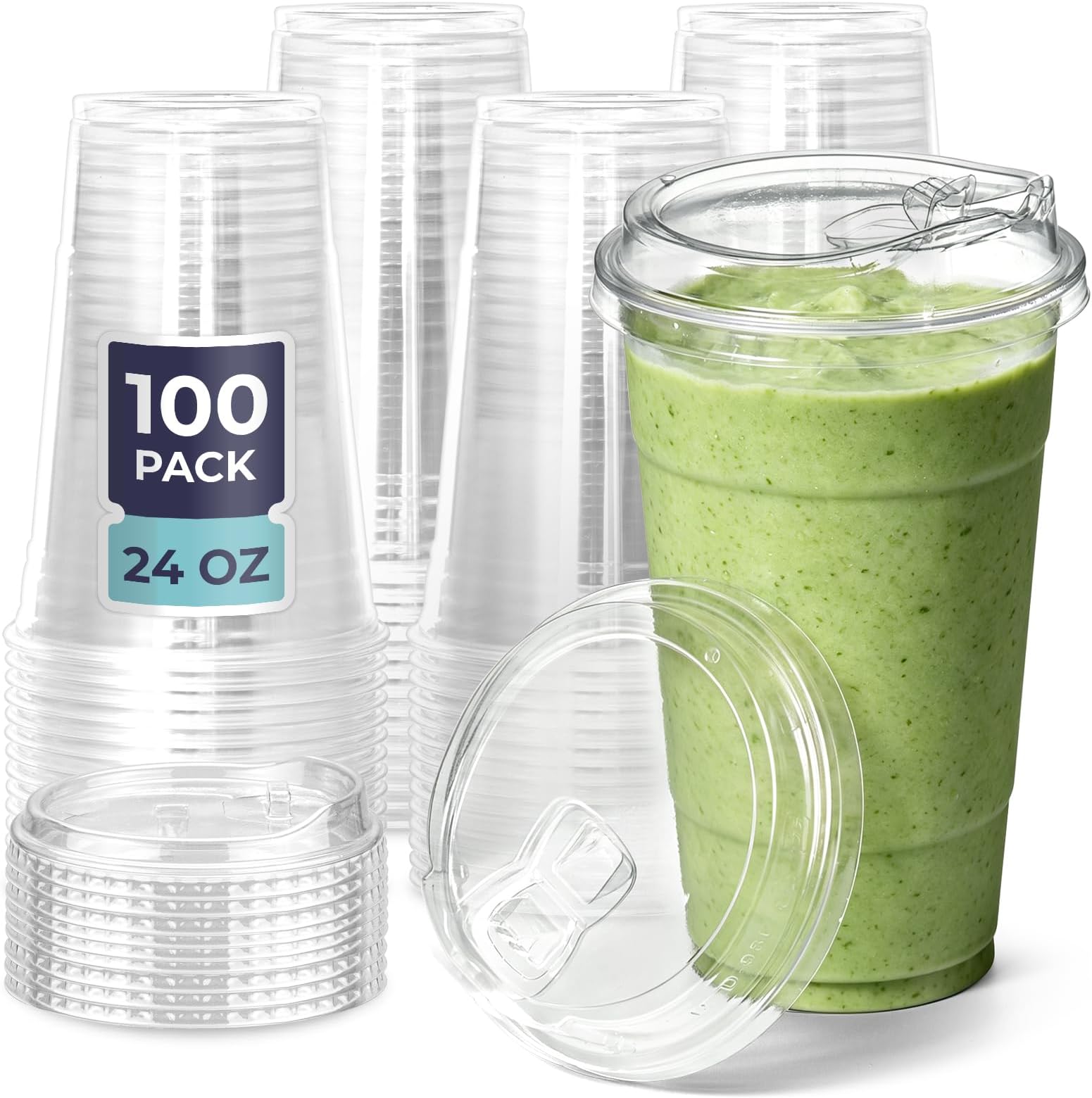 Fit Meal Prep 100 Pack 24 oz Clear Plastic Cups with Strawless Sip Lids, Disposable Plastic Coffee Cups with Lids, To Go Cups for Iced Coffee, Smoothies, Soda, Party Drinks, Bubble Tea, Cold Beverage