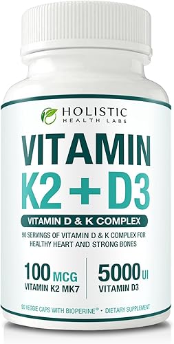 Miniatura 9 de Vitamina K2 + D3 de absorción máxima (5000UI), 90 cápsulas vegetales de MK-7 (Menaquinona-7) y colecalciferol (con BioPerina) Suministro de 3 meses