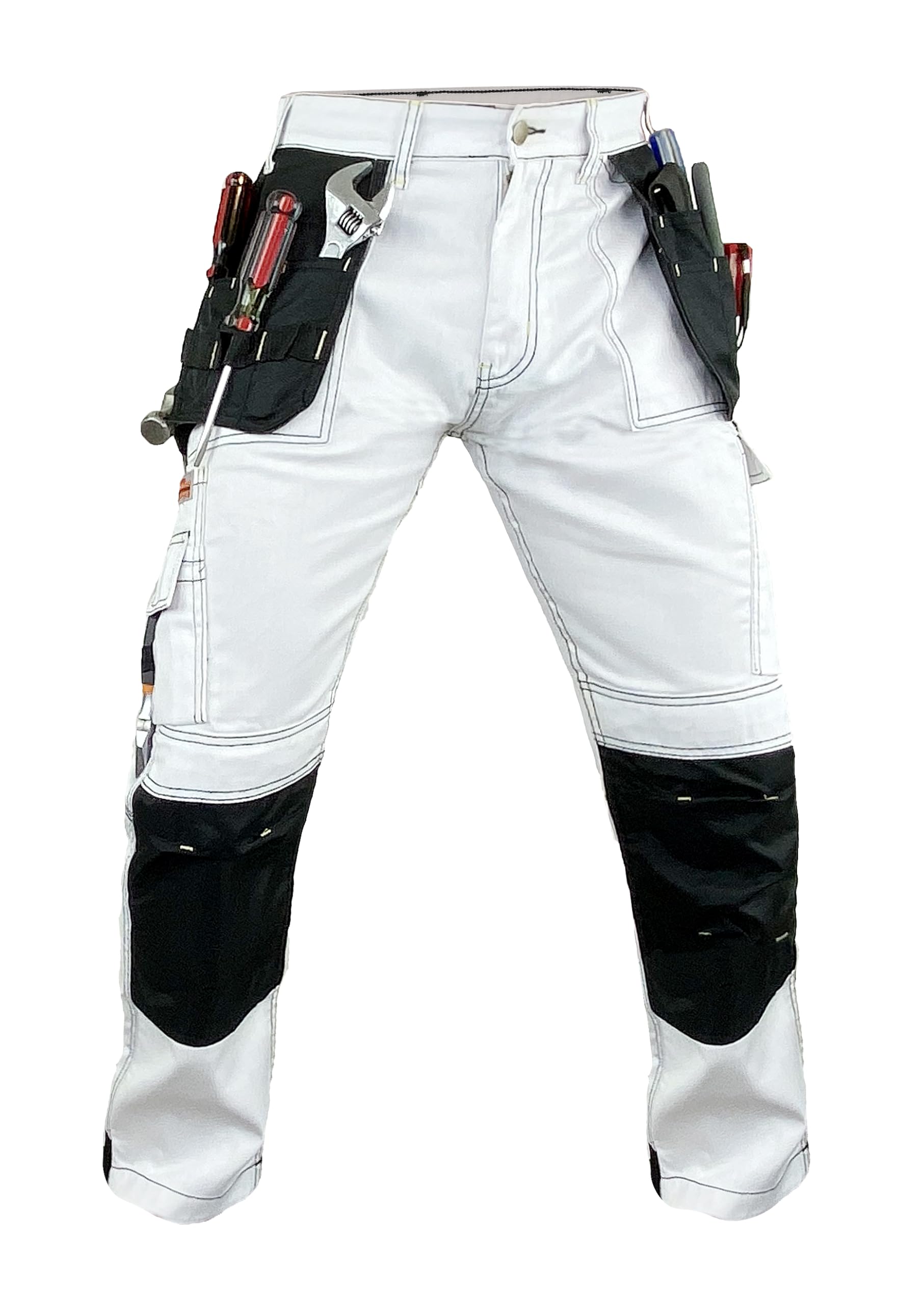 Notus Men’s Construction Tactical Carpenter Multi-Pockets Cordura Knee and Holster Pockets Reinforced Work Pants White 34-34