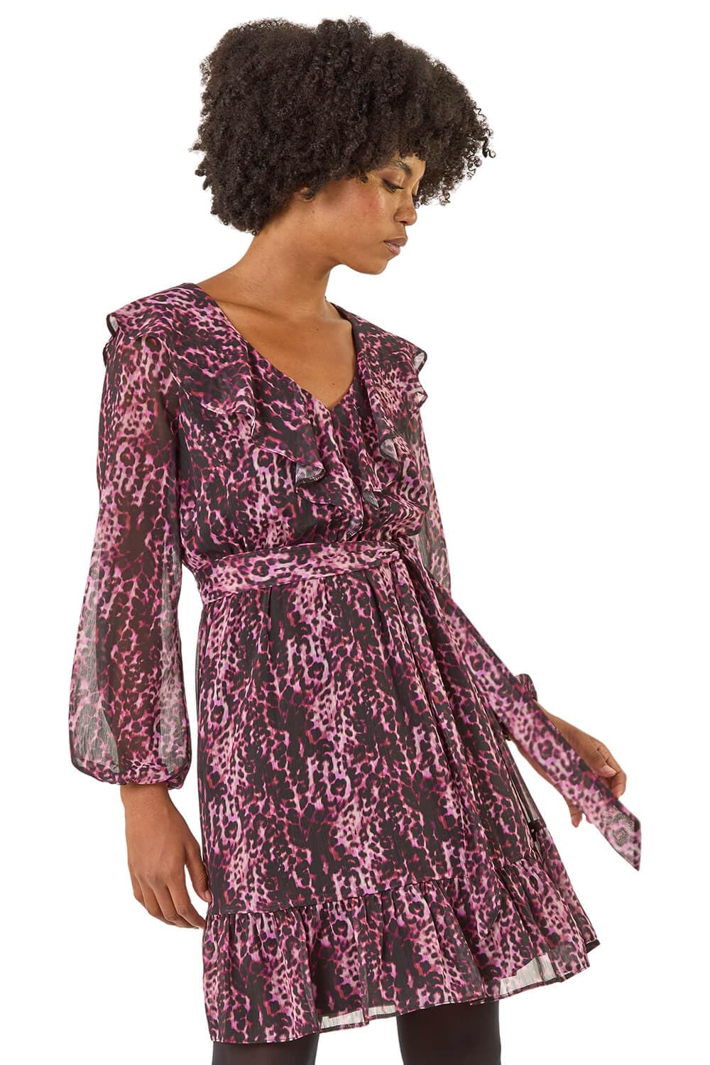Roman Originals Women's Pink Animal Print Frill V-Neck Dress For Uk - Everyday Autumn Winter V-Neckline Comfy Soft Evening Vacation Work Party Night Out - Size 14
