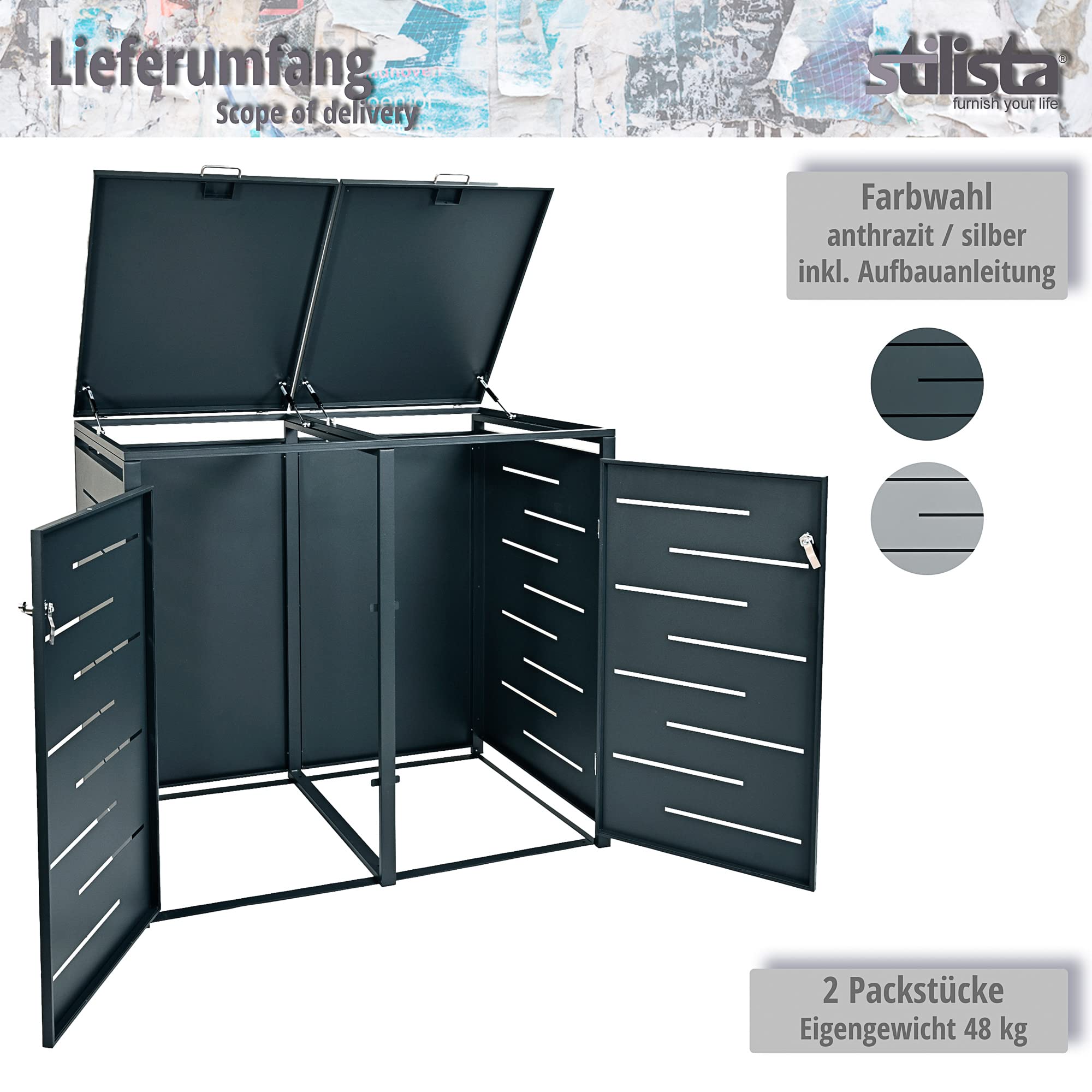 Nexos Mülltonnenverkleidung 2 Türen Silber 240 Liter Metall 132x80x116cm | Pulverbeschichtetes Metall, Platz für zwei 240L Tonnen, Gasdruckfeder, Lüftungsschlitze gegen Gerüche