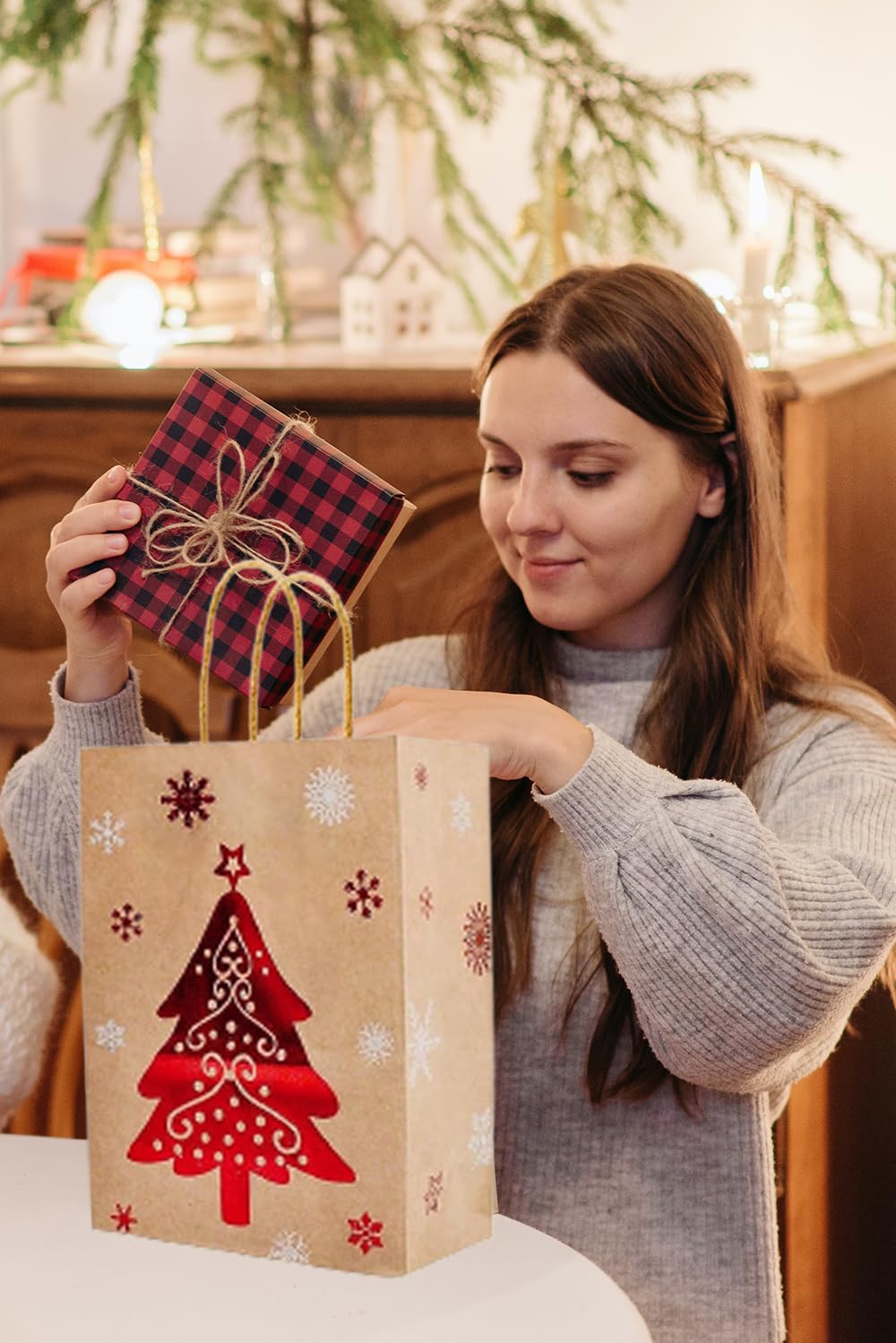 Sacchetti Regalo Natalizi GAResy - Confezione 12 Pezzi Carta Kraft Con