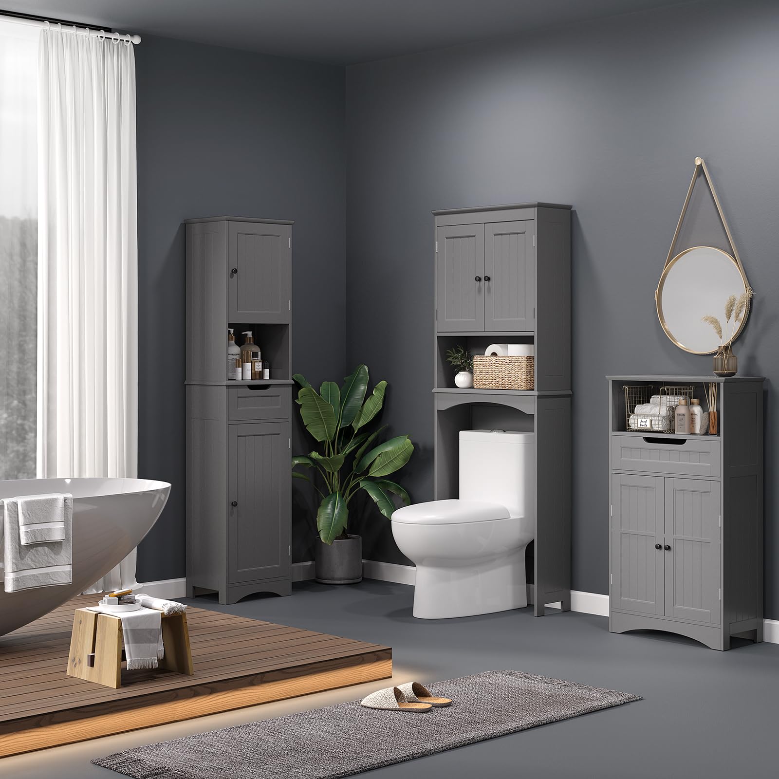 Bealife Toilettenregal, Regal über Toilette mit 3-stufigen verstellbaren Regalen, WC Überbauschrank Freistehend, Überbau Toilettenschrank mit Doppeltüren für Badezimmer (Grau)