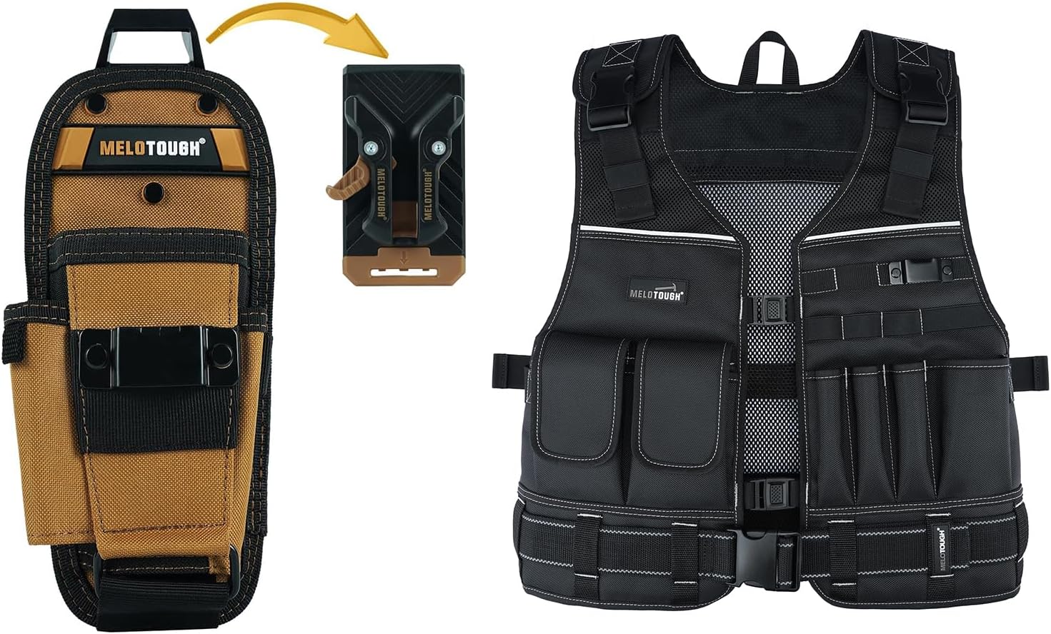 MELOTOUGH Small Tool Pouch with Quick Release Belt Clip, Tool Vest for Men with Belt, Adjustable Multi-Pocket Safety Work Vest with Reflective Strips for Electrician, Construction, Carpenter, HVAC