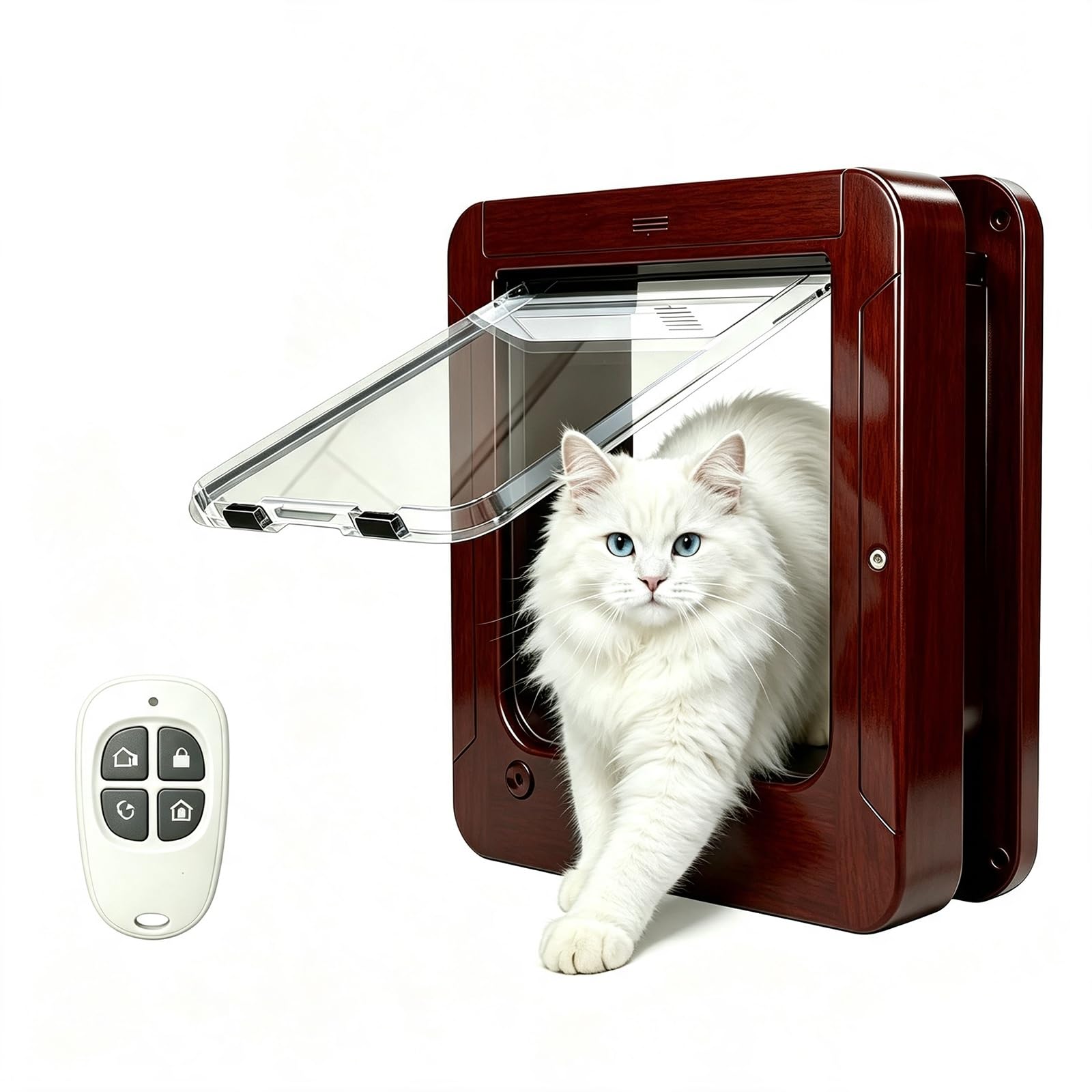 Puerta para Gatos con Microchip Selectiva | Solo sus gatos permitidos. 4 collares sensores + 1 control remoto para varios gatos(Brown,4 chips)