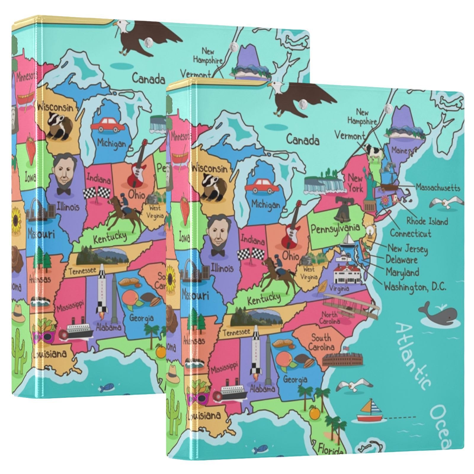 United States Map 3 Ring Binder with 2 Interior Pockets 1.5 inch Binders 3 Ring Heavy Duty Fit 8.5" x 11" Letter Size for Office School, 2 Pack