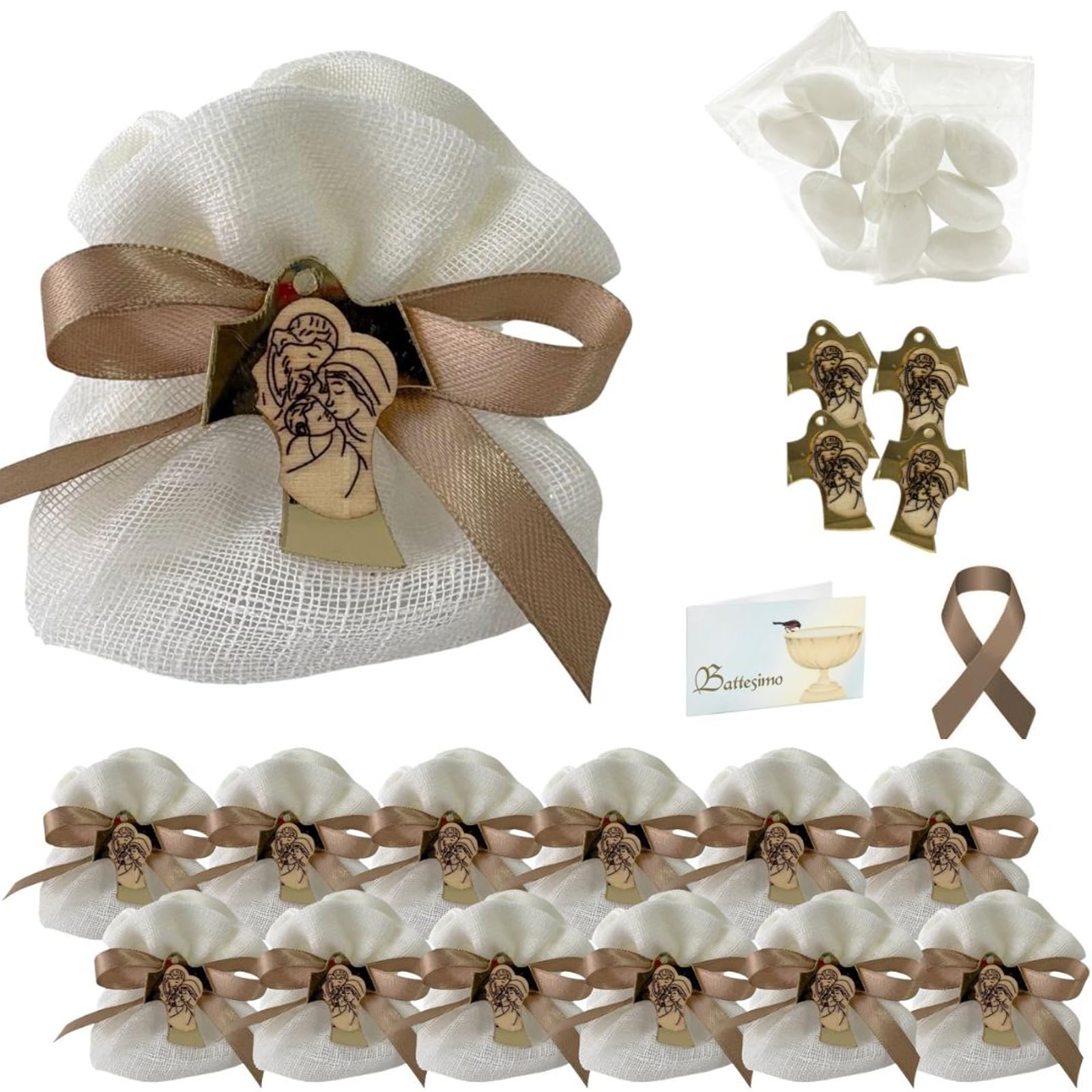 Doni Bomboniere Lot de 12 sachets de baptême en blanc avec application en or et en bois, sainte famille, sachets de dragées, cartes personnalisables, dragées, communion pour enfant