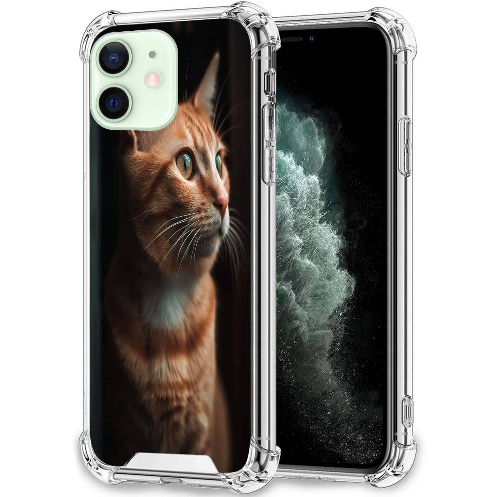 KOLHUBI Clear Phone Case for iPhone 12 Mini Designer Cat Print Art-27 Exquisite Pattern Design Shock-Resistant Anti-Fall Protective Transparent Shell for iPhone 12 Mini