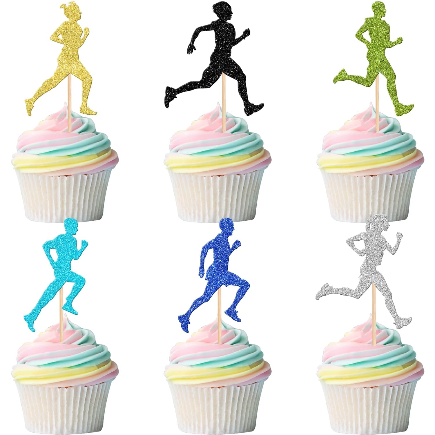 SYKYCTCY 24 Pack Running Cupcake Toppers Glitter Sports Fitness Cupcake Picks for Running Theme Boys Girl Kids Birthday Party Cupcake Decorations Supplies