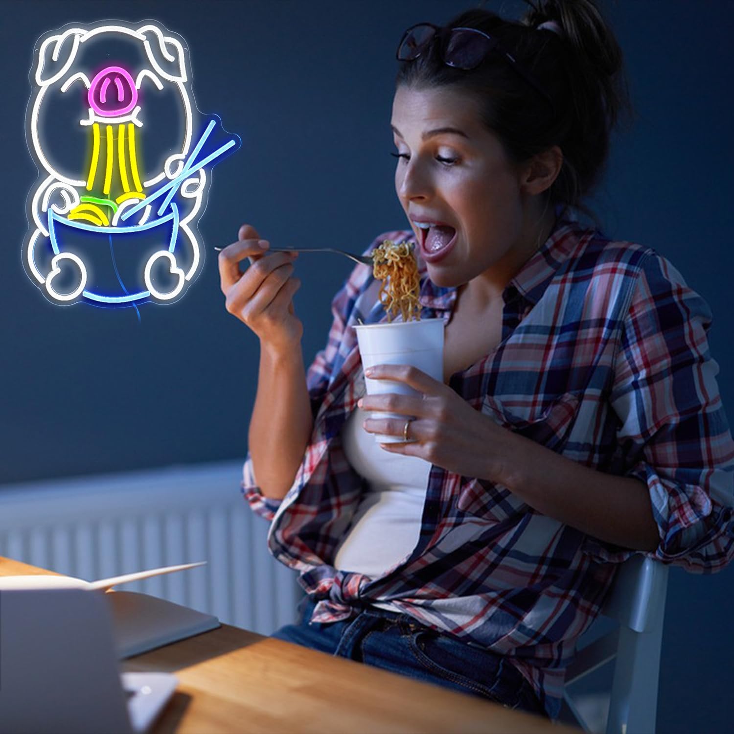 Cute Pig Ramen Neon Sign LED Noodles Pig Light Signs for Wall Decor USB Japanese Ramen Neon Lights for Restaurant Ramen Shop Dining Room(16.5”*12.6”)