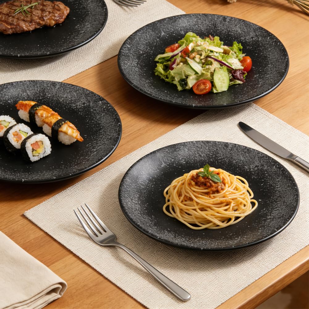 Lot de 4 Assiettes Plates Rond Assiette Porcelaine 20,7 x 2,2 cm Assiette Creuse Noir Assiettes Service de Table pour Nouilles, Salades, Dessert