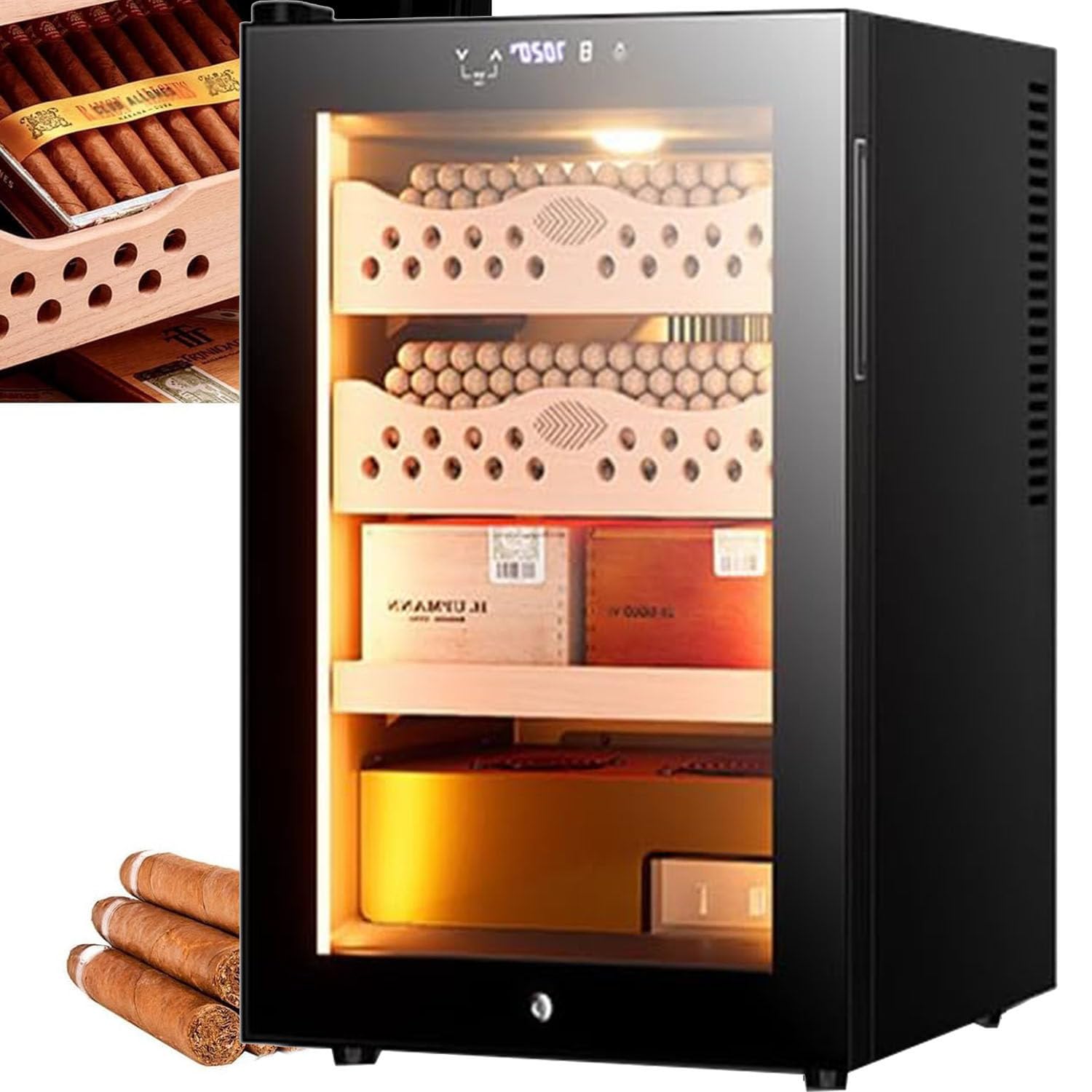 Humidor do cygar 50 l, elektryczny humidor z drewna cedrowego, nawilżacz do cygar z regulacją temperatury i wilgotności, duża pojemność 300 sztuk, szafka na cygara