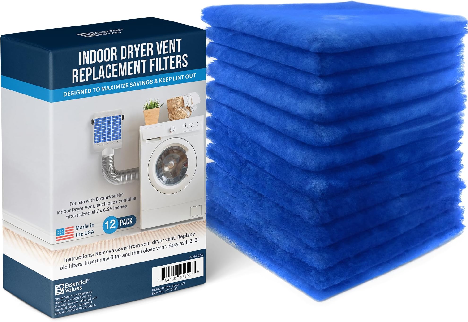 Essential Values 12 Pack Compatible Replacement Filters (60 Dryer Loads Total) for Bettervent Indoor Dryer Vent
