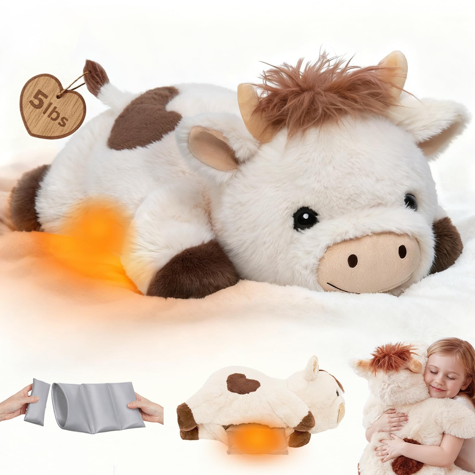 Uoozii Microwavable Weighted Cow Stuffed Animal – 12" 2 Lb Non-Shedding Plush, Heatable & Coolable