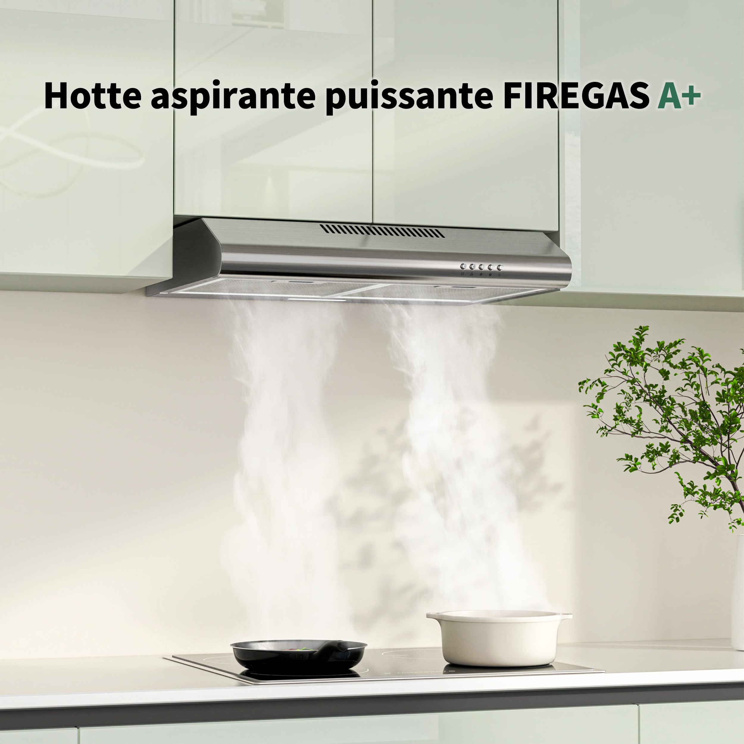 FIREGAS Hotte Aspirante 60 cm en Acier Inoxydable, 250 m³/h, Moteur Sans Balais, Classe A+, Silencieuse, Hotte Cuisine Encastrable ou Murale, Évacuation ou Recyclage