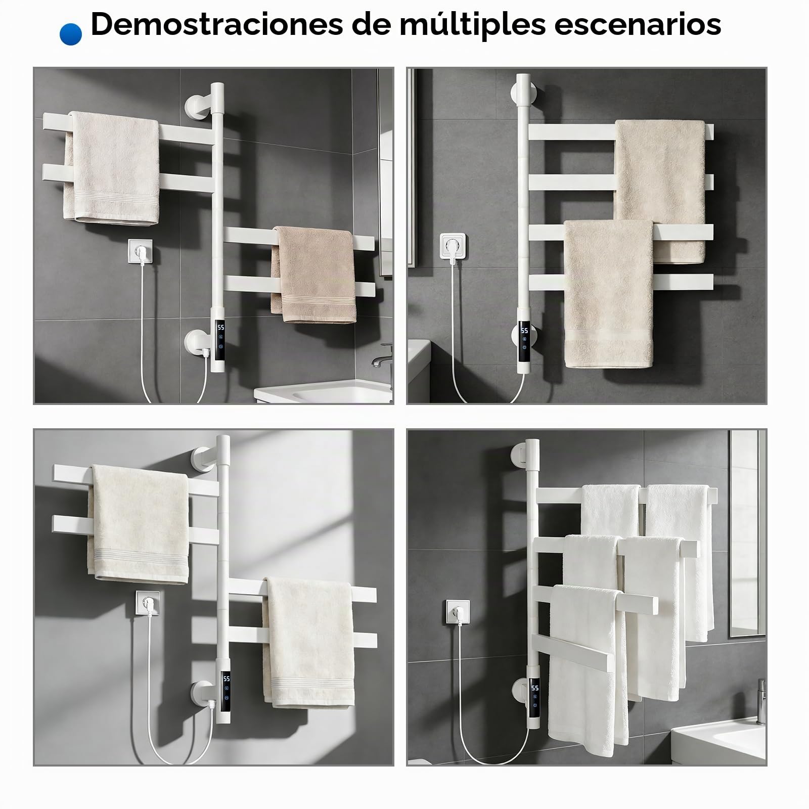 Toallero Eléctrico de Baño, Toallero Giratorio a 180°, Radiador de Toallas Eléctrico 70x48cm, 4 Barras Temperatura Ajustable Bajo Consumo 75W IPX4