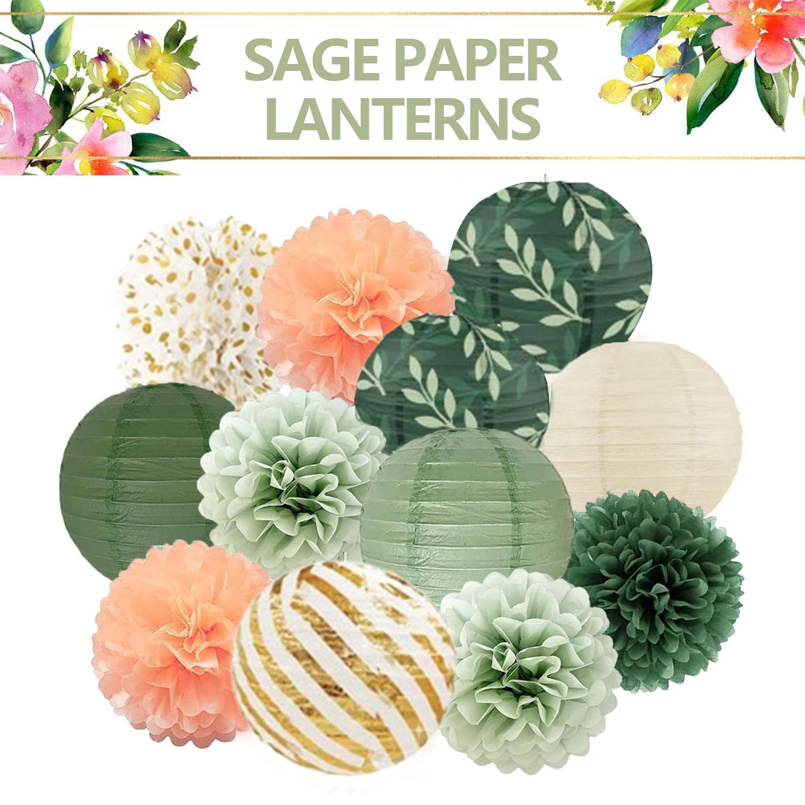 12 Décorations Fête Vert Sauge Et Doré - Lanternes Et Pompons Papier, Pour Mariage, Anniversaire, Garden Party