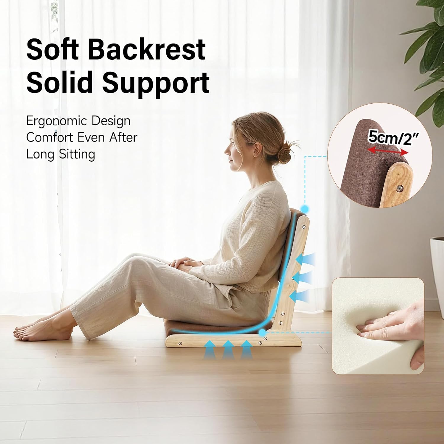 Tiita Foldable Tatami Chair, Japanese Floor Chair, Wood Legless Back Rest Chairs with Cushion, Accent Meditation Floor Chairs Bay Window, Wood Brown