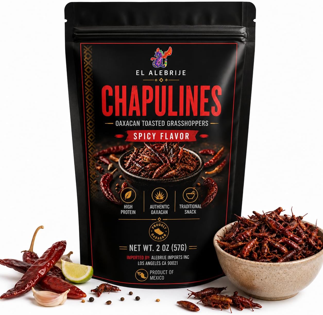 Alebrixes | Chapulines From Oaxaca 2 oz (57g) | Adobo Flavor Grasshoppers | Premium Fresh Gourmet Edible Insects | Marinated Spicy Flavor - Always Fresh Toasted Mexican Snack.