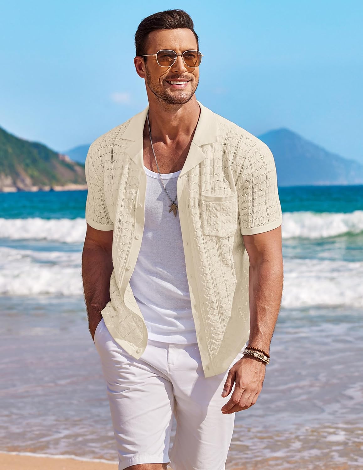 COOFANDY Men's Knit Button Down Shirt Short Sleeve Vintage Polo Shirts Summer Casual Beach Tops - Image 6