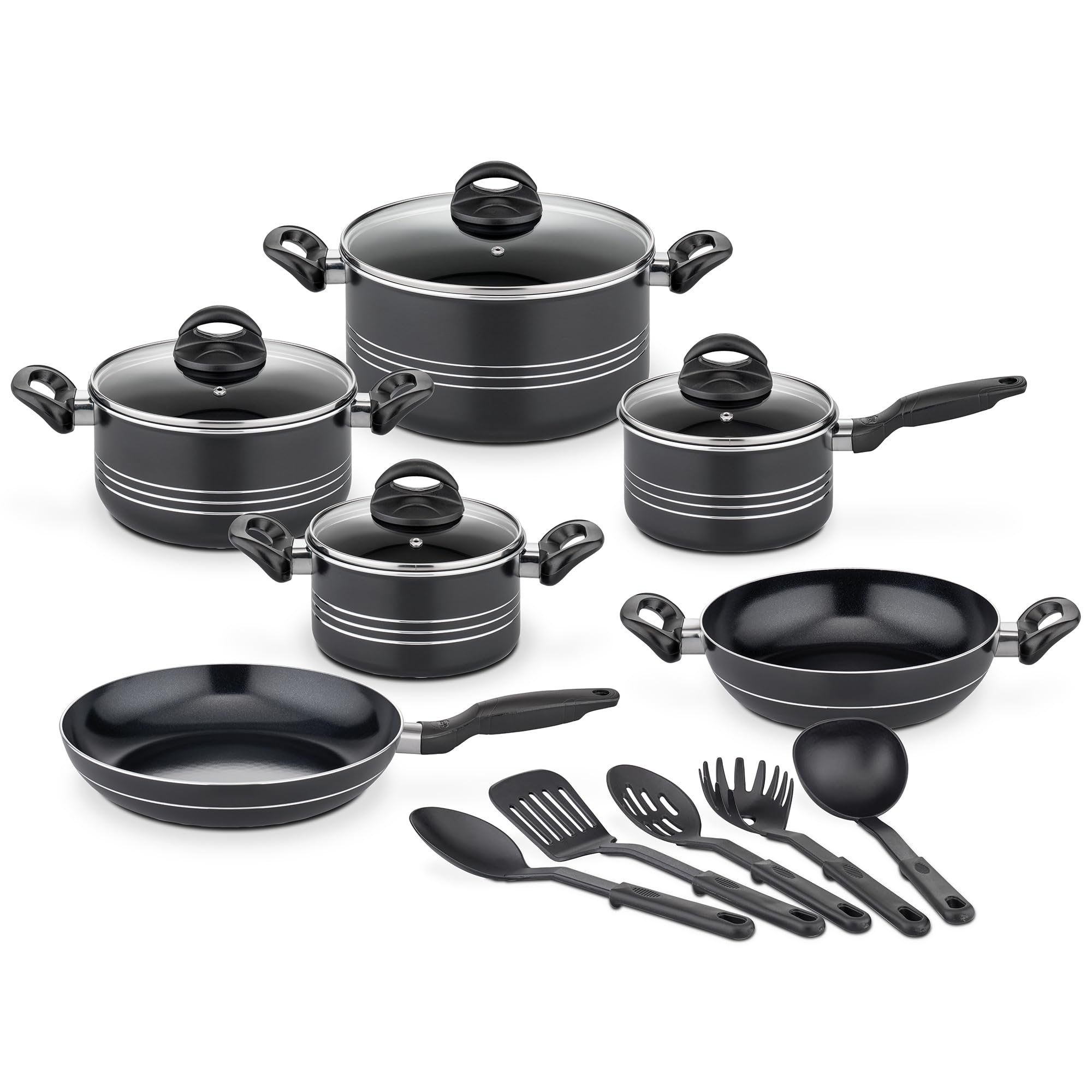 GSW Kochtopf Set Milano Nero, 15-teilig, Hochwertiges Topfset für Induktion, Ceran & Gas, Antihaftbeschichtung, Kochtöpfe mit Glasdeckel & Küchenhelfer, Töpfe & Pfannen