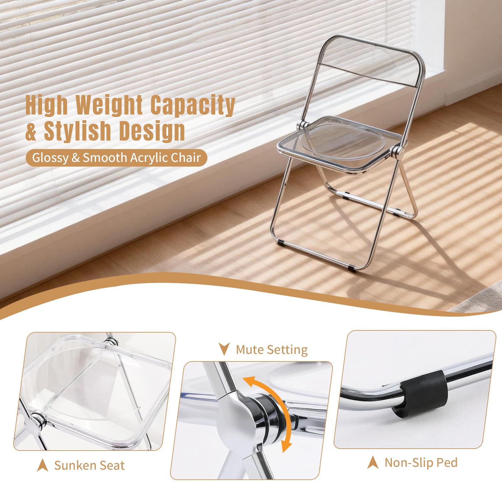 Chaise Pliante Acrylique Chrome Modèle, Siège Transparent, Gris | Acrylique anti-rayures, cadre chromé solide, pliable et empilable, convient salle à manger, salon et petit espace